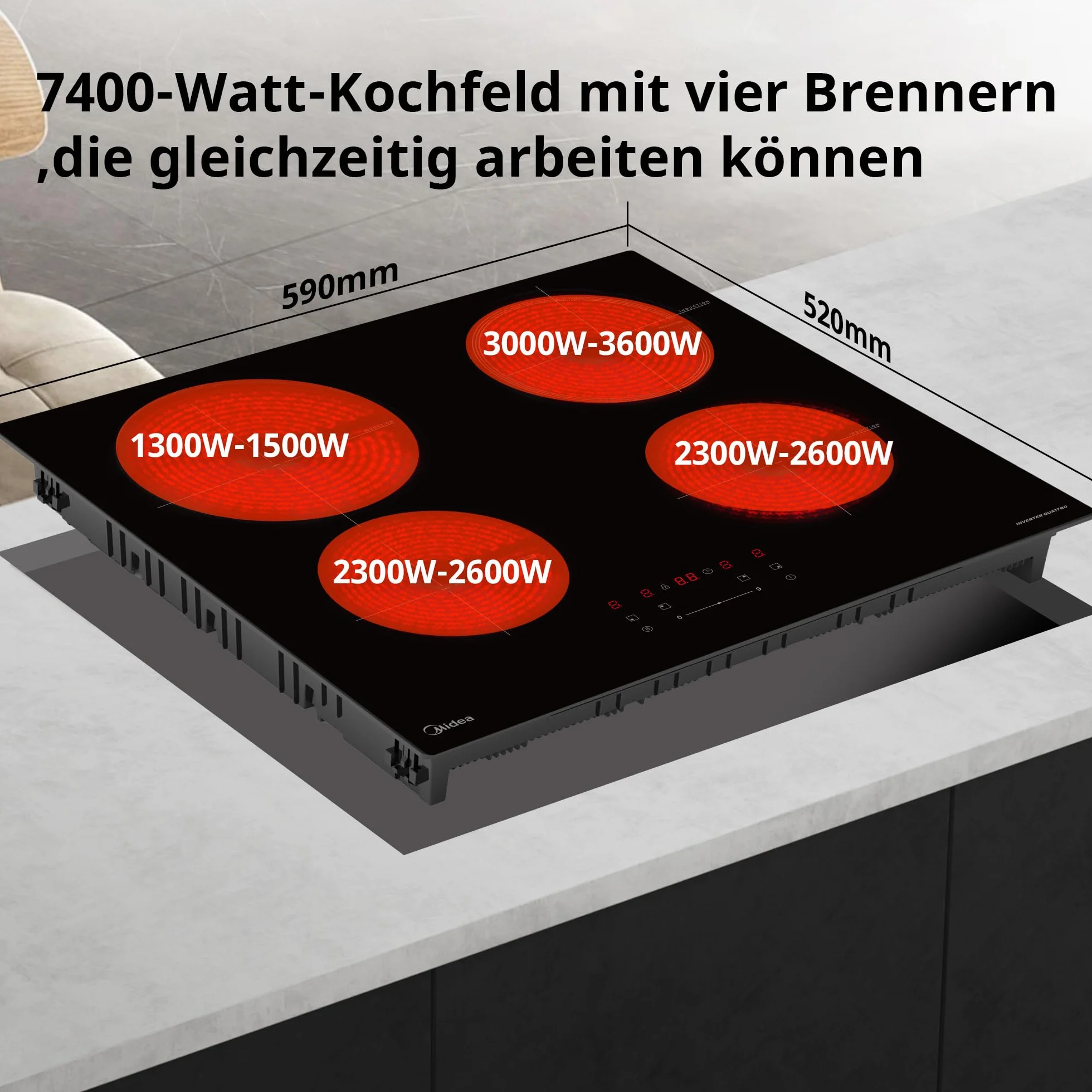 Midea Płyta indukcyjna 7400 W z 4 strefami grzewczymi, do zabudowy, ceramiczna, okablowanie, sterowanie dotykowe, automatyczne wyłączanie, zabezpieczenie przed dziećmi