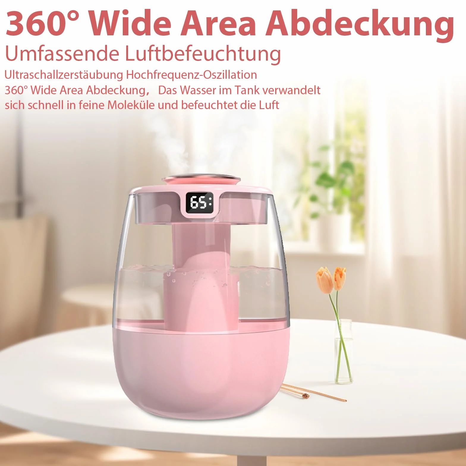 Nawilżacz powietrza, 1 l, cichy humidifier z 2 otworami, nawilżacz powietrza z cichym wyświetlaczem cyfrowym USB, 2 tryby mgły i lampka nocna do biura, pokoju dziecięcego, sypialni, samochodu, różowy