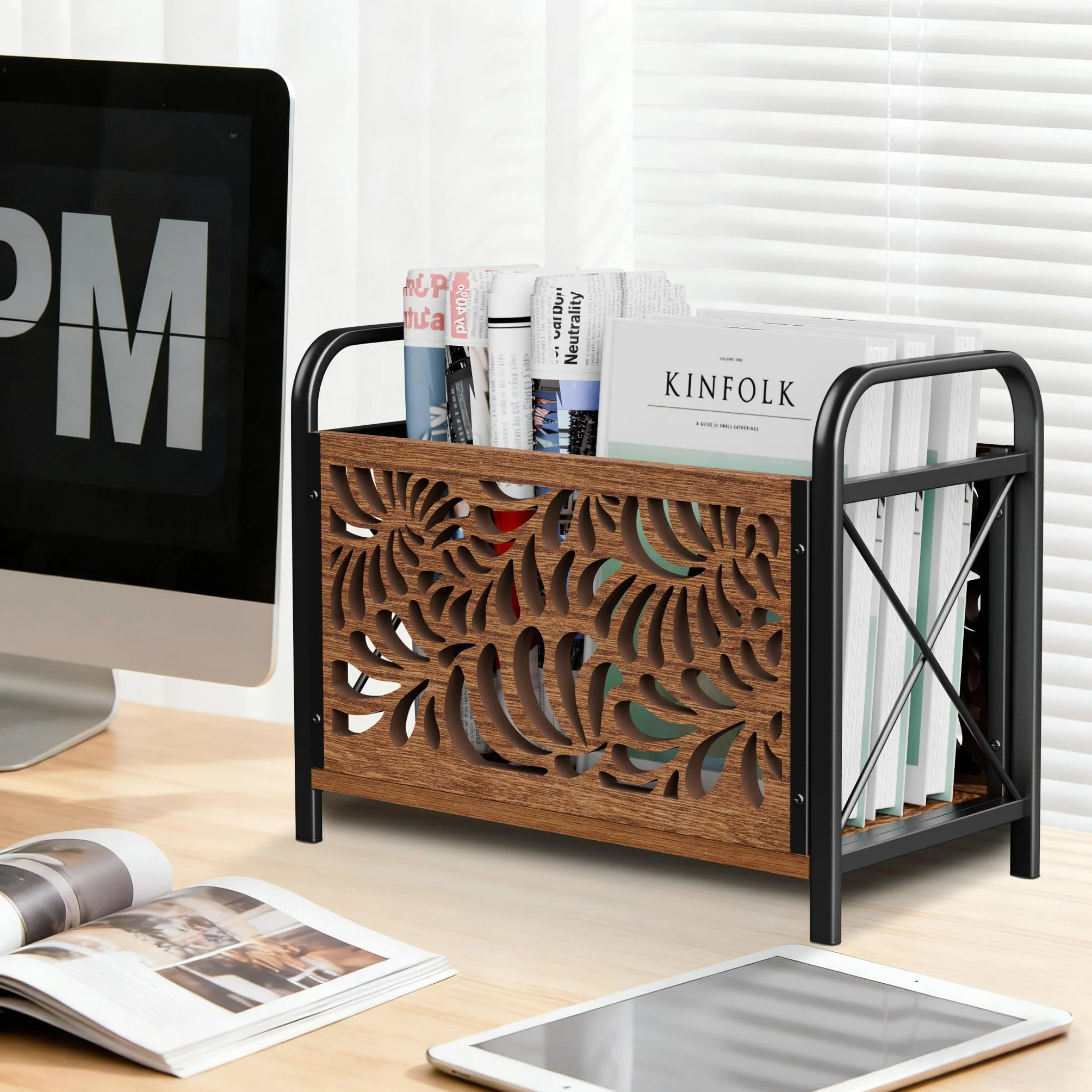 Stojak na gazety z drewna, nowoczesny stojak na czasopisma, elegancki wzór szkieletu, koszyk do przechowywania, organizer do magazynów, organizer do katalogów 33x26x17cm