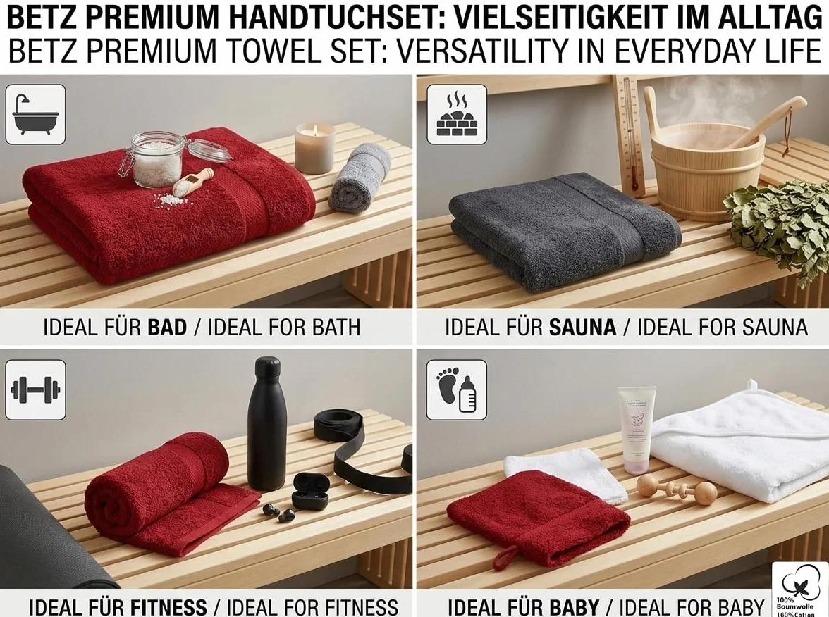 Betz 12-częściowy zestaw ręczników premium 100% bawełna 2 ręczniki kąpielowe 4 ręczniki do rąk 2 ręczniki dla gości 2 ręczniki do rąk 2 rękawice do mycia kolor rubinowy/grafitowy