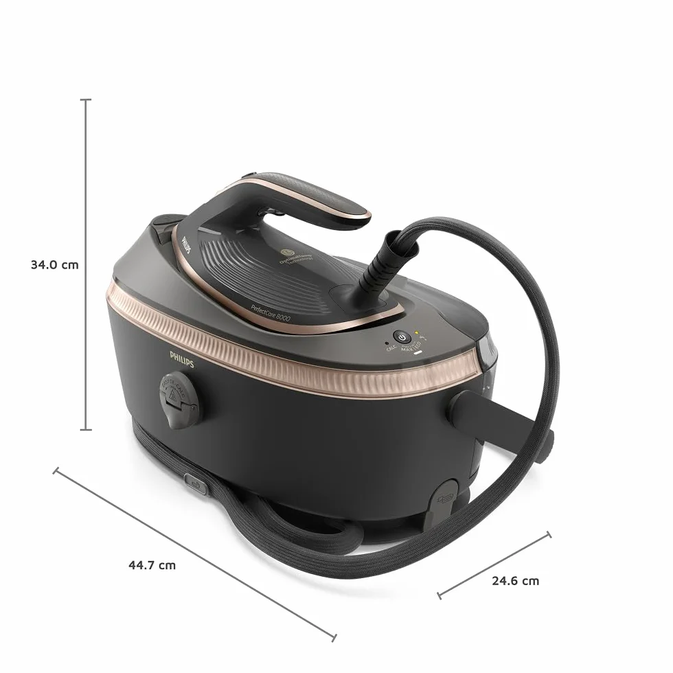 Philips Generator Pary PerfectCare serii 8000 - Strumień pary 215 g/min, Łatwe Przenoszenie i Przechowywanie, OptimalTEMP, SteamGlide Elite, 1,4L, Easy De-Calc, Gwarancja Braku Przypaleń (PSG8200/80)
