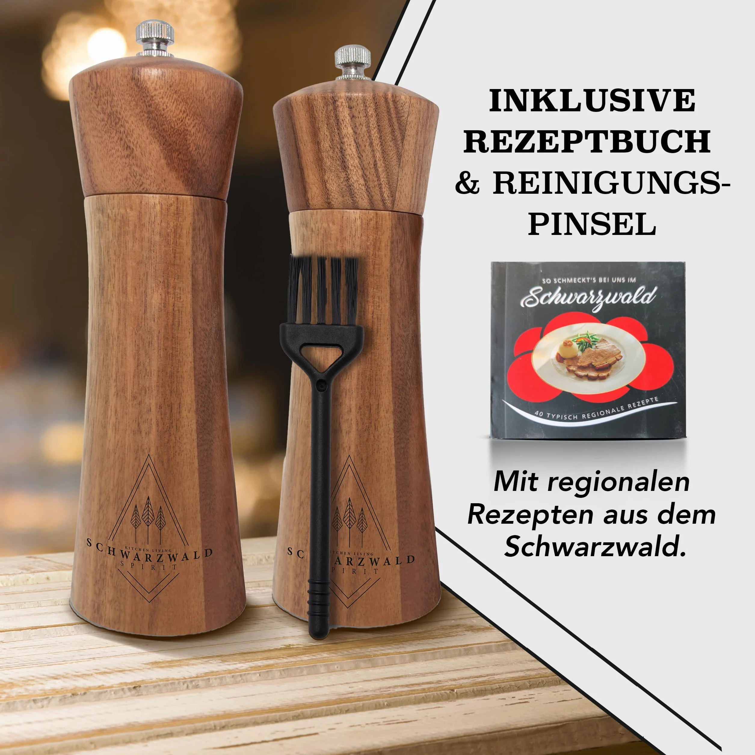 zestaw drewnianych młynków do pieprzu, soli i przypraw – szlachetne wykonanie – z ceramicznym mechanizmem mielącym, w komplecie z pędzlem do czyszczenia i książką z przepisami, ponadczasowy prezent (21 cm).
