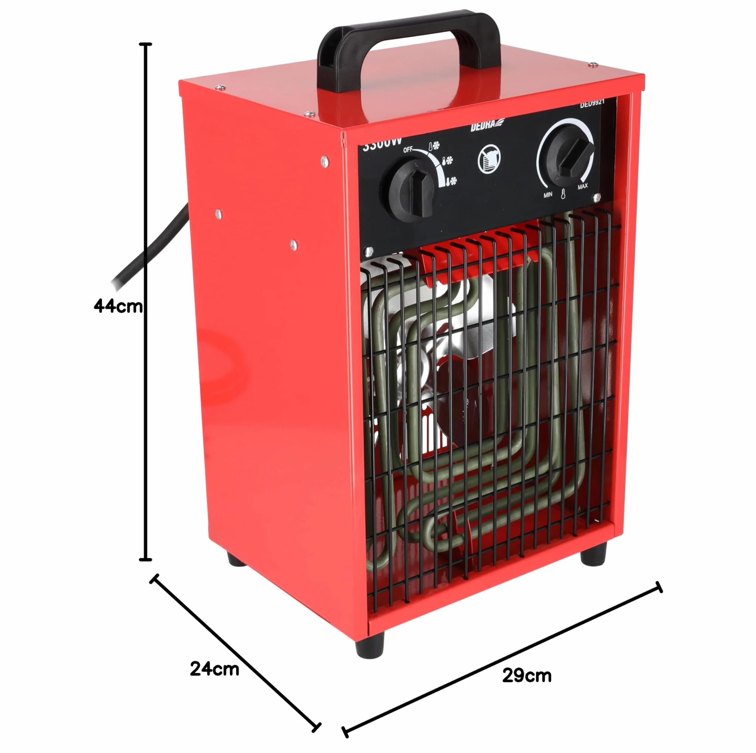 Dedra DED9921 – nagrzewnica elektryczna 3,3 kW, 230 V, 3 tryby pracy (wentylator, 1650 W, 3300 W), termostat, zabezpieczenie przed przegrzaniem, metalowa obudowa, uchwyt transportowy, do ~ 35m2