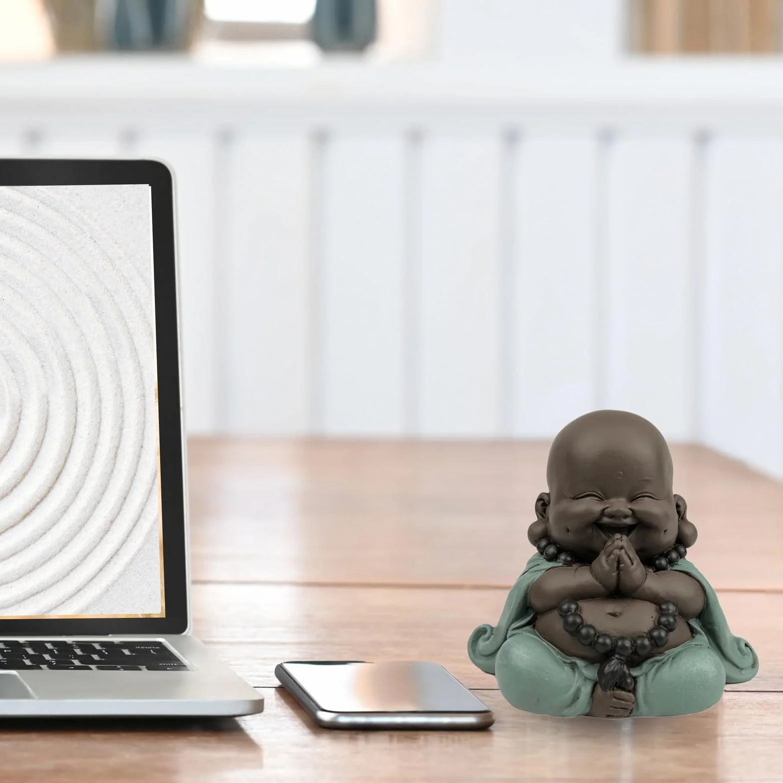 Statua Boudha Szczęśliwy Stojak - Dekoracja Zen i Feng Shui - aby stworzyć relaksującą i duchową atmosferę - Oryginalny pomysł na prezent - szerokość: 9 cm - Kolor: Zielony i brązowy - Zen'Light