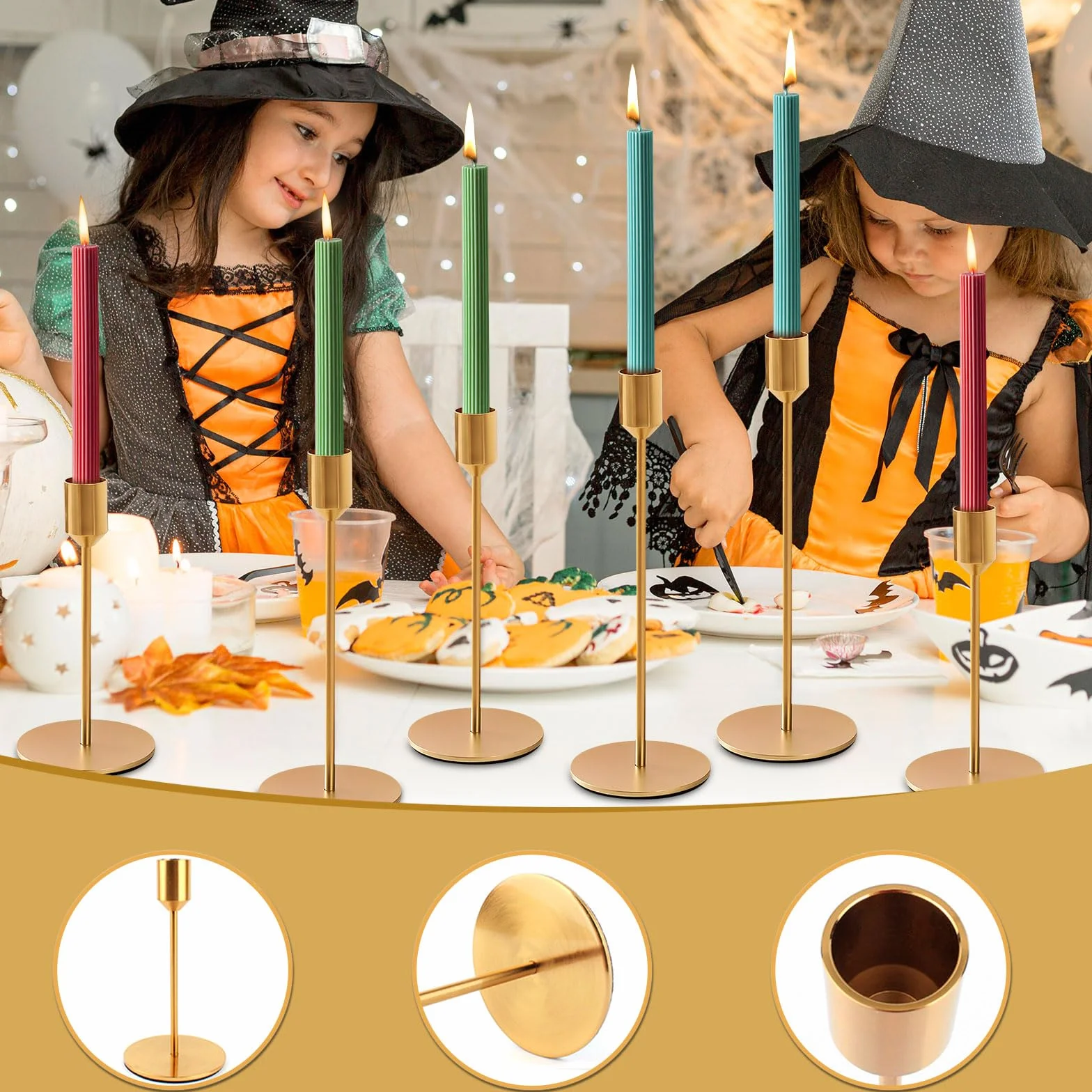 Metalowe świeczniki, 9 sztuk Retro Styl Jadalnia Złoty Świecznik Stożkowy Świeczniki Dekoracyjne na Boże Narodzenie Halloween Święto Dziękczynienia Wesela Imprezy Dekoracja 33/28/24 cm