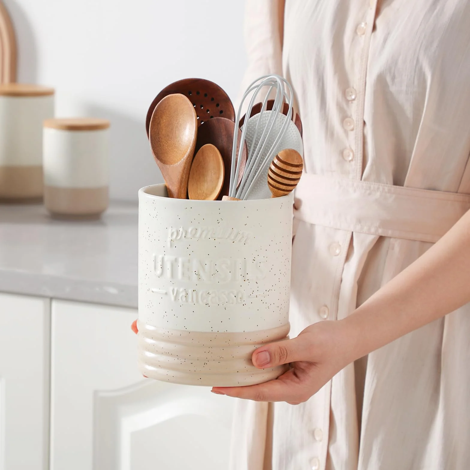 vancasso Sabine 6,2-calowy mały ceramiczny uchwyt na przybory kuchenne do przechowywania przyborów kuchennych kremowy organizer na przybory do dekoracji
