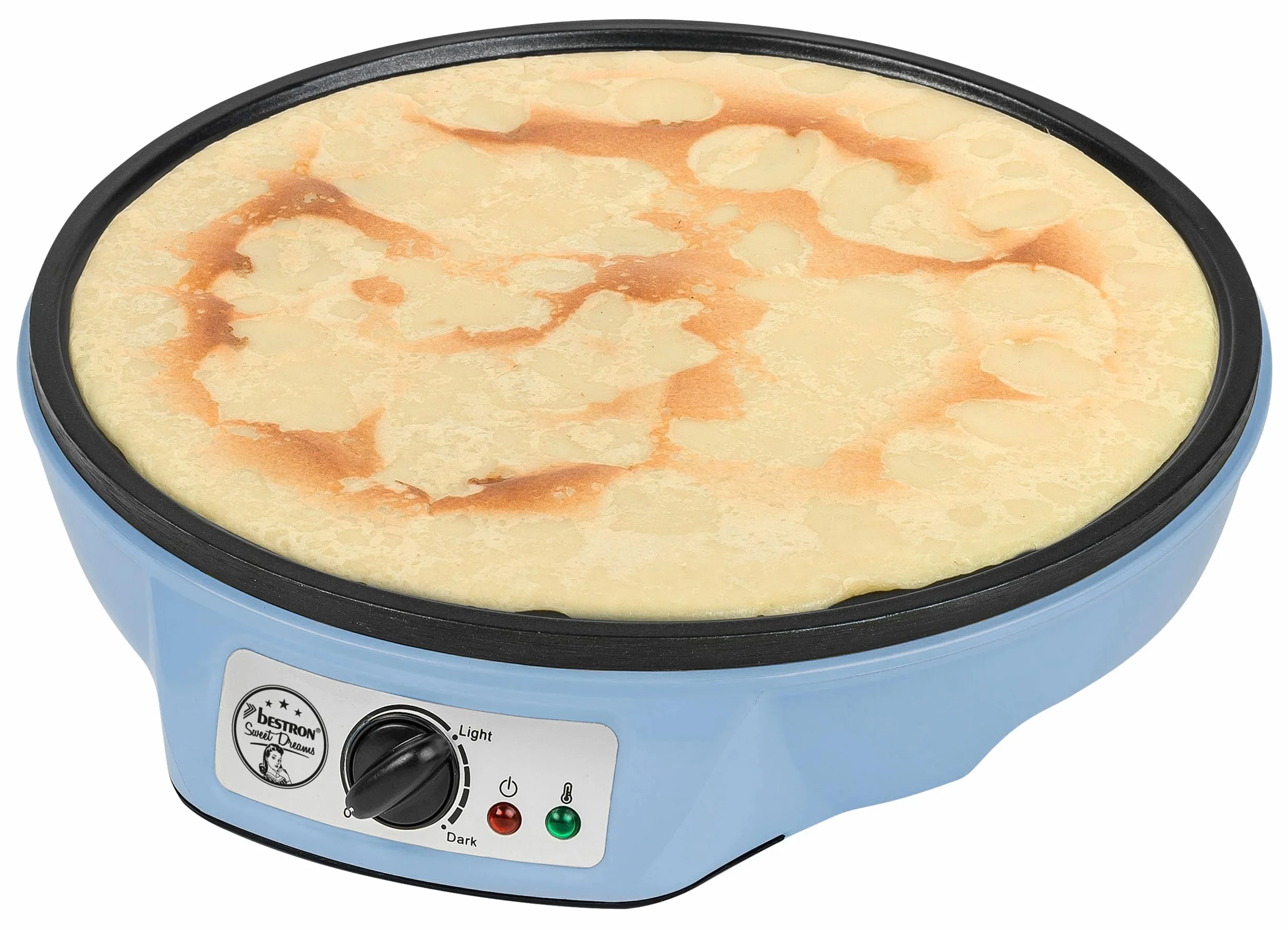 Bestron Crepes Maker, Urządzenie do robienia naleśników o średnicy 30 cm, w komplecie Rozdzielacz do ciasta i łopatka do przewracania naleśników, z powłoką nieprzywierającą, Kolor: Niebieski