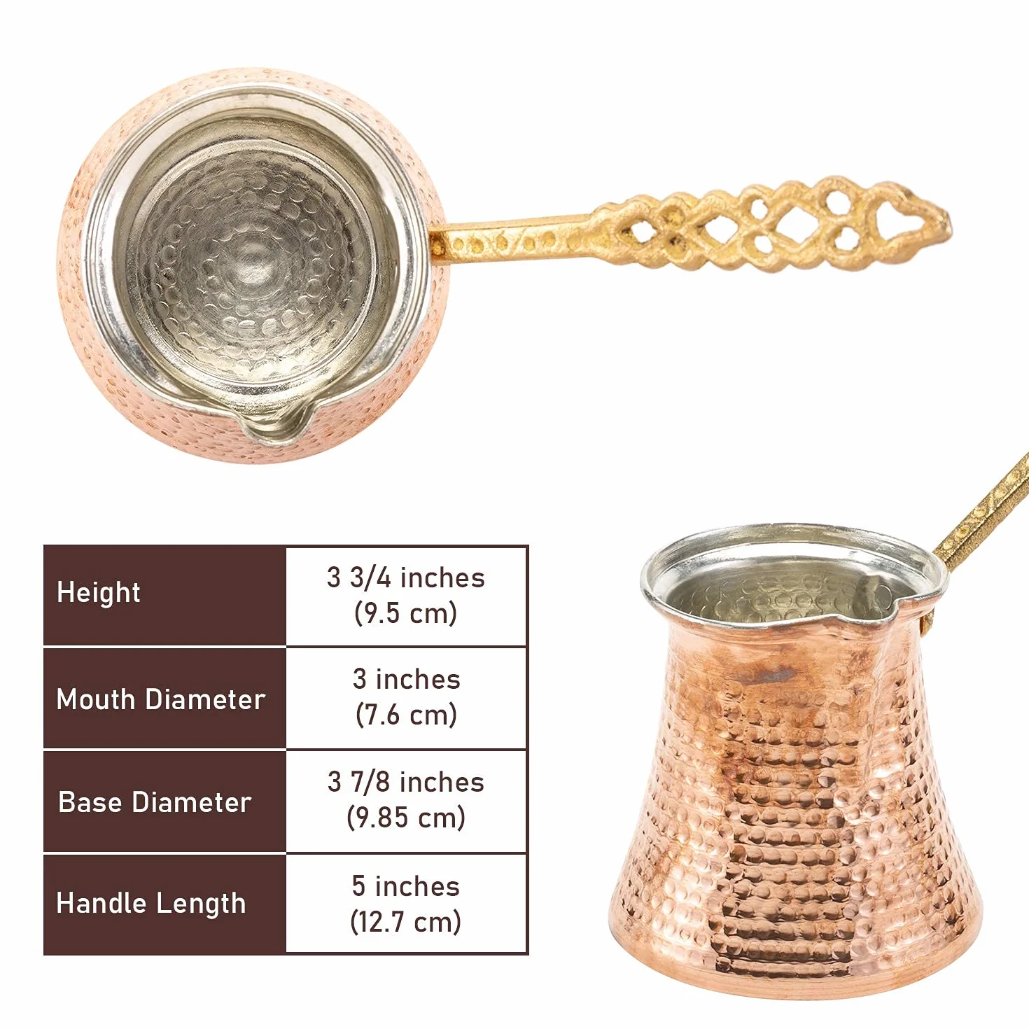 CRYSTALIA Turecki Dzbanek do Kawy, 425 ml, Ręcznie Robiony Grecki Arabski Ekspres, Młotkowana Miedź Cezve
