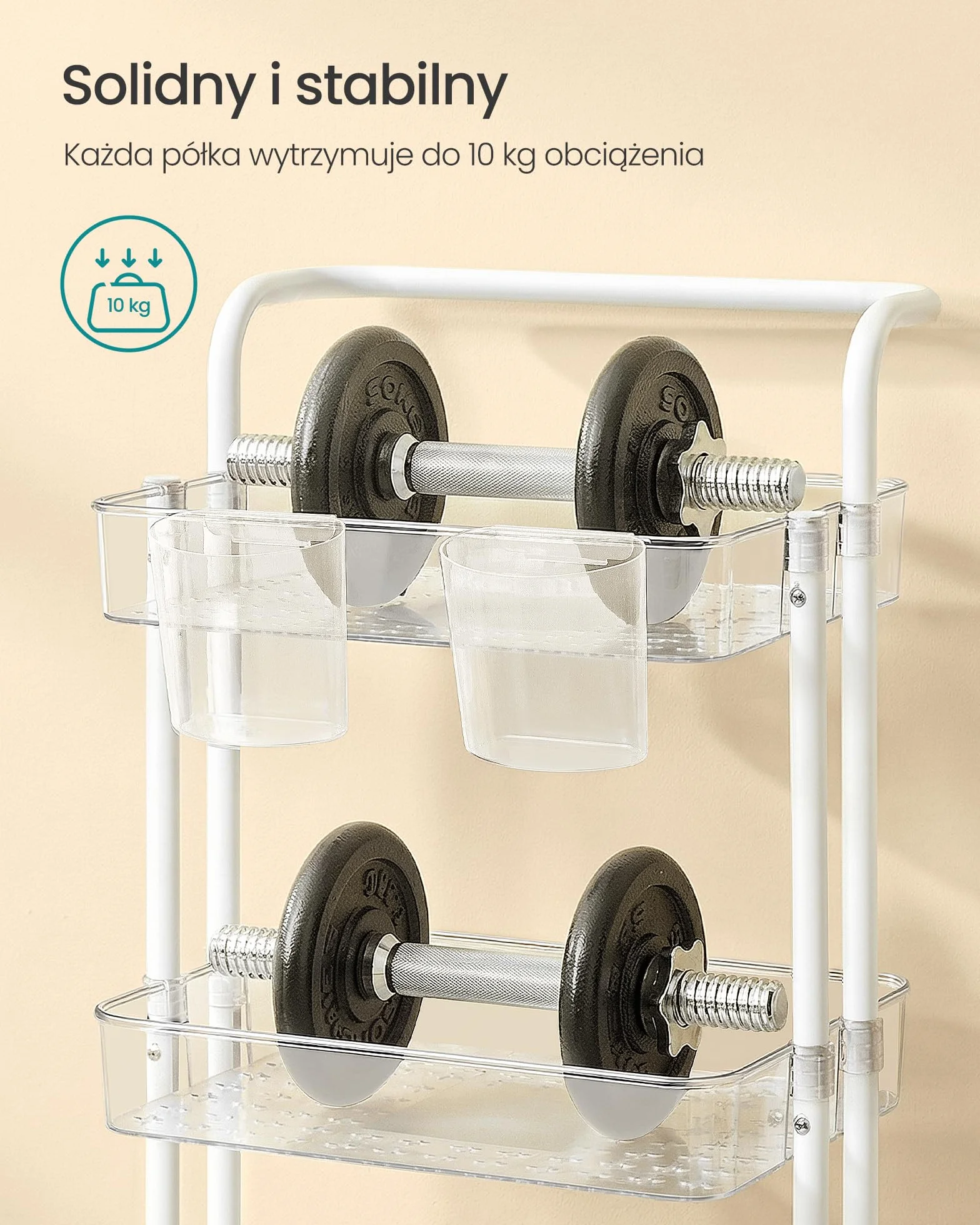 SONGMICS Wózek 3-poziomowy do serwowania i kuchenny z uchwytem, biało-przezroczysty BSC067W03