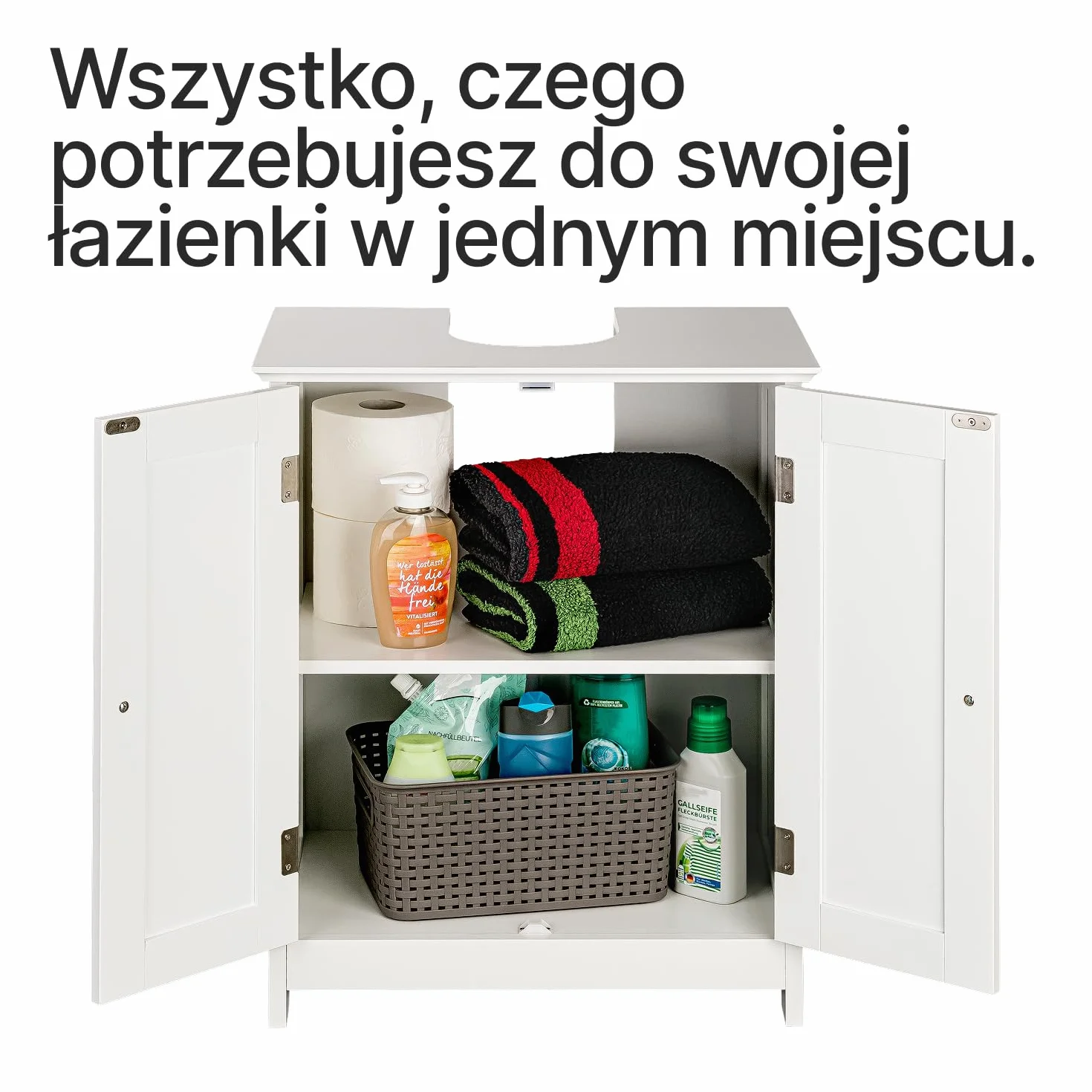 shelfmade szafka pod umywalkę w stylu rustykalnym – biała szafka łazienkowa (50 cm lub 60 cm szerokości) – szafka pod zlew z wycięciem na syfon – meble łazienkowe