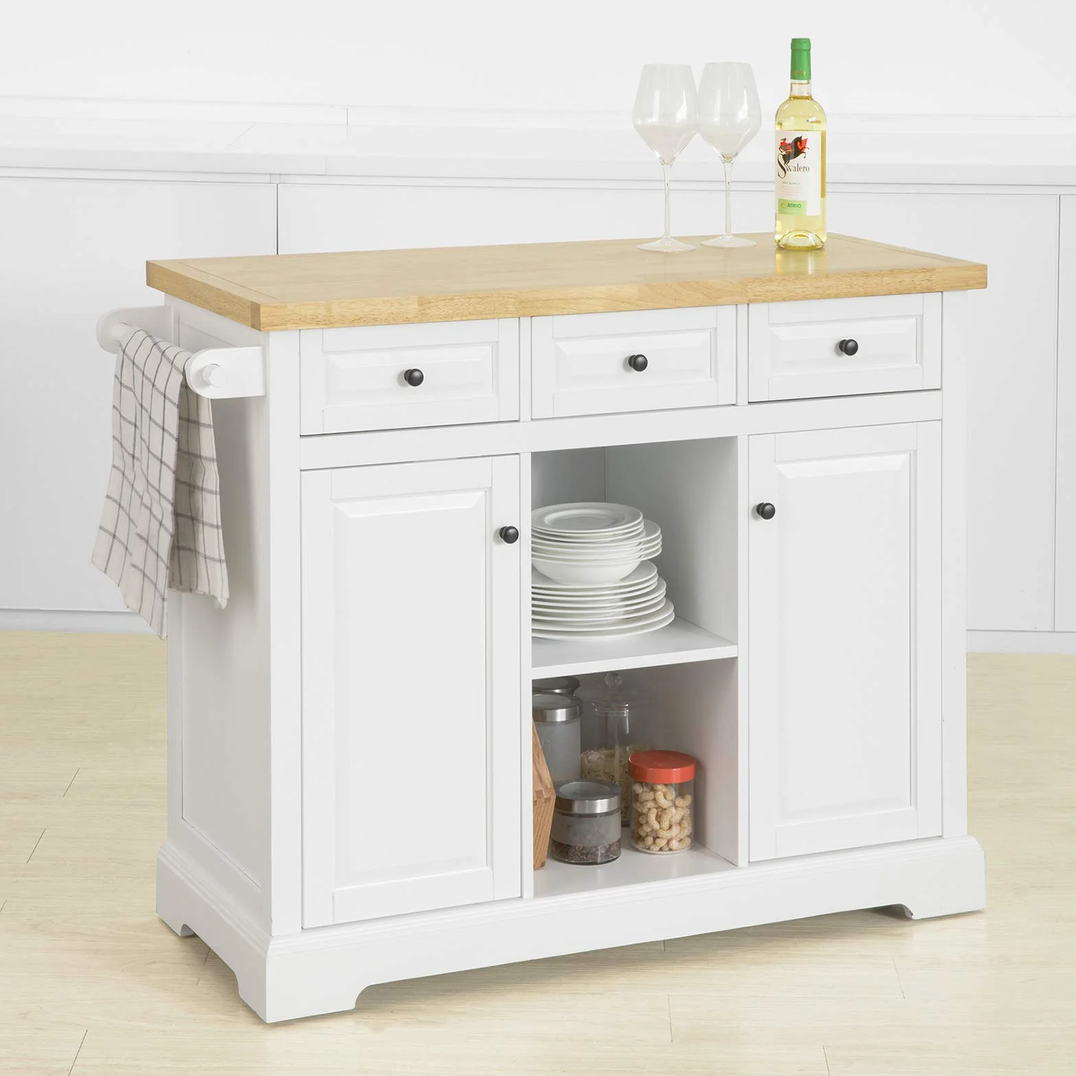 SoBuy FKW101-WN Wyspa kuchenna z blatem roboczym, wózek kuchenny z 2 drzwiami i otwartymi półkami, z 3 szufladami, kredens na kółkach, kolor biały, szer. x wys. x gł. ok.: 115 x 90,7 x 46 cm