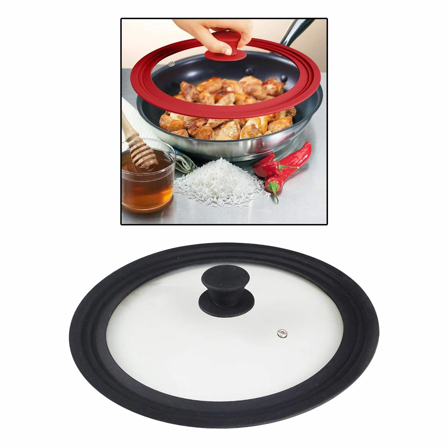 Uniwersalne silikonowe szklane pokrywy do garnków, patelni, naczyń kuchennych, wymienne pokrywki (czarne, 34 cm)