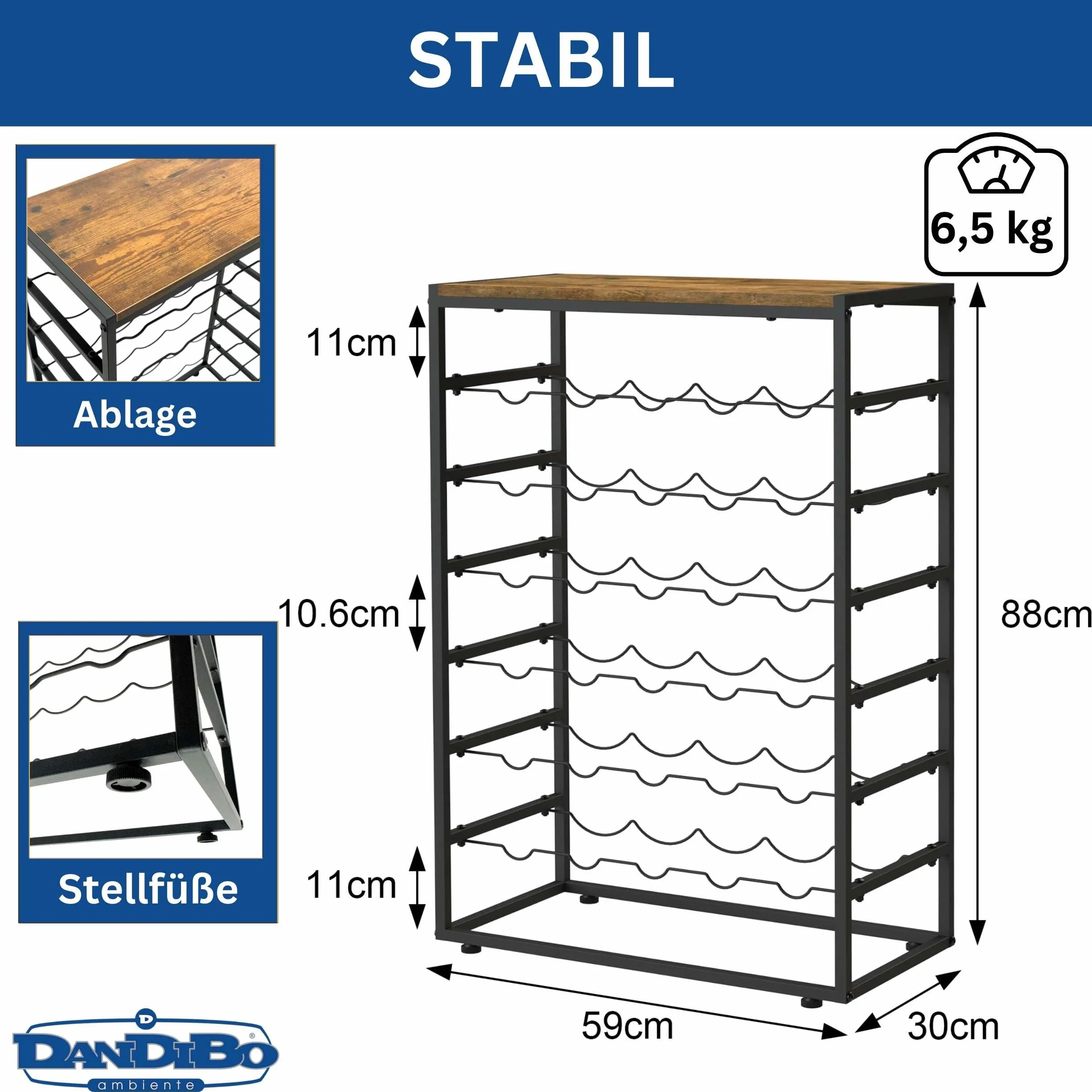 DanDiBo Regał na wino, metalowy, czarny, stojący 30 butelek, 96605, stojak na butelki wina, uchwyt na butelki