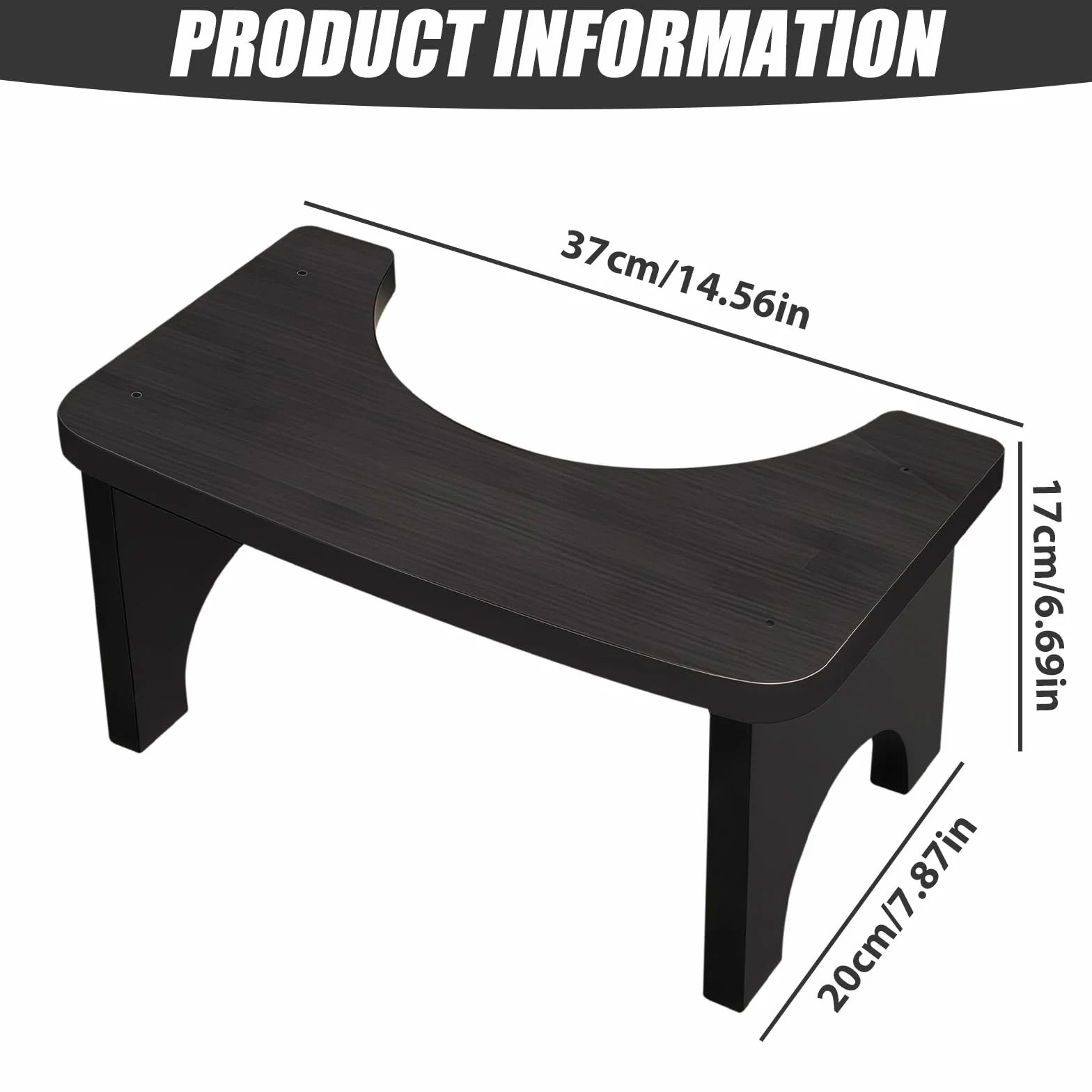 Drewniany taboret toaletowy dla dorosłych i dzieci: 37 × 20 × 17 cm, ergonomiczny, antypoślizgowy, taboret toaletowy dla lepszego wypróżnienia, do toalety, łazienki, kolor czarny