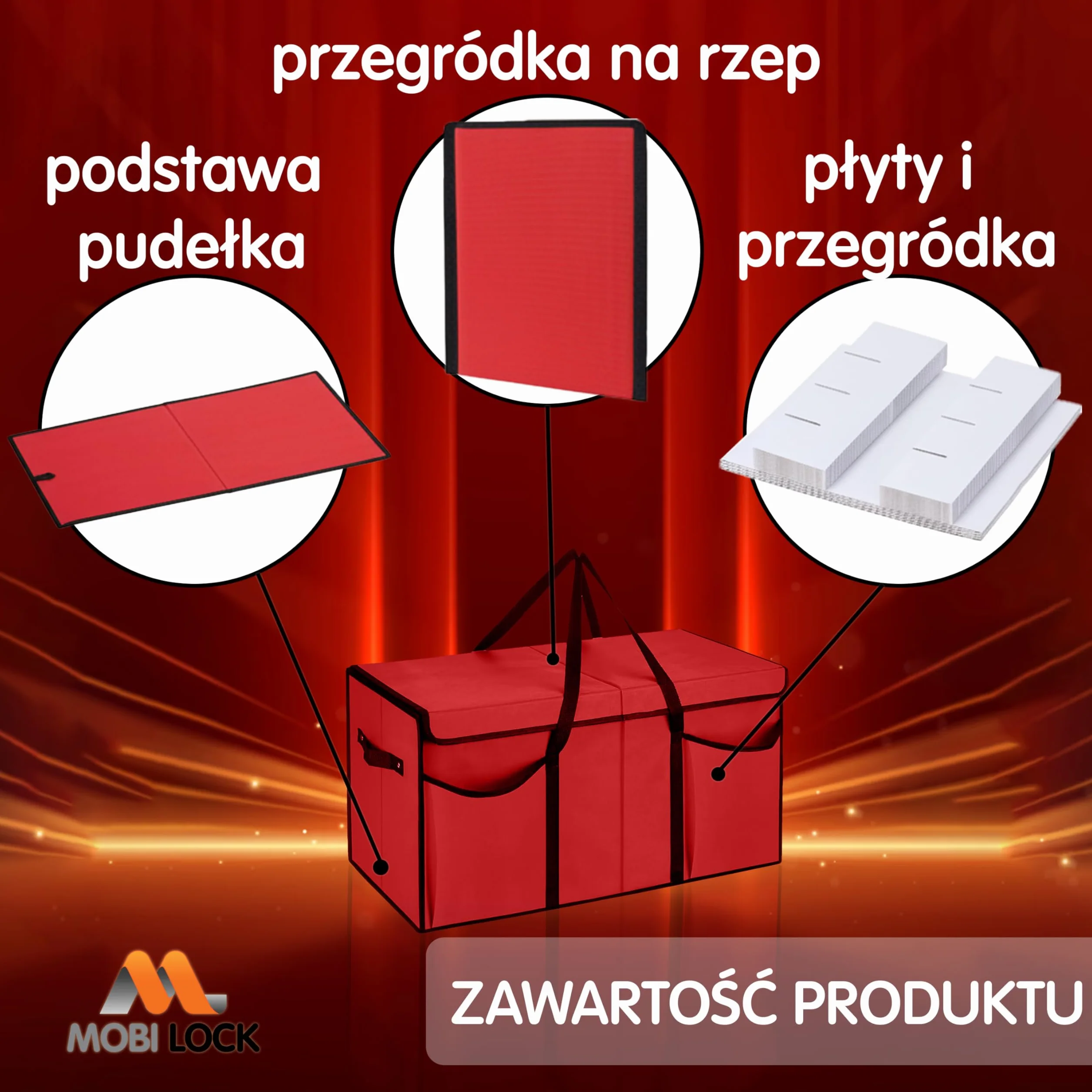 Pudełko na ozdoby świąteczne z przegrodami i kieszeniami - Mieści 128 bombek - Wytrzymała czerwona tkanina z uchwytami - Składane - Organizer na święta - od Mobi Lock