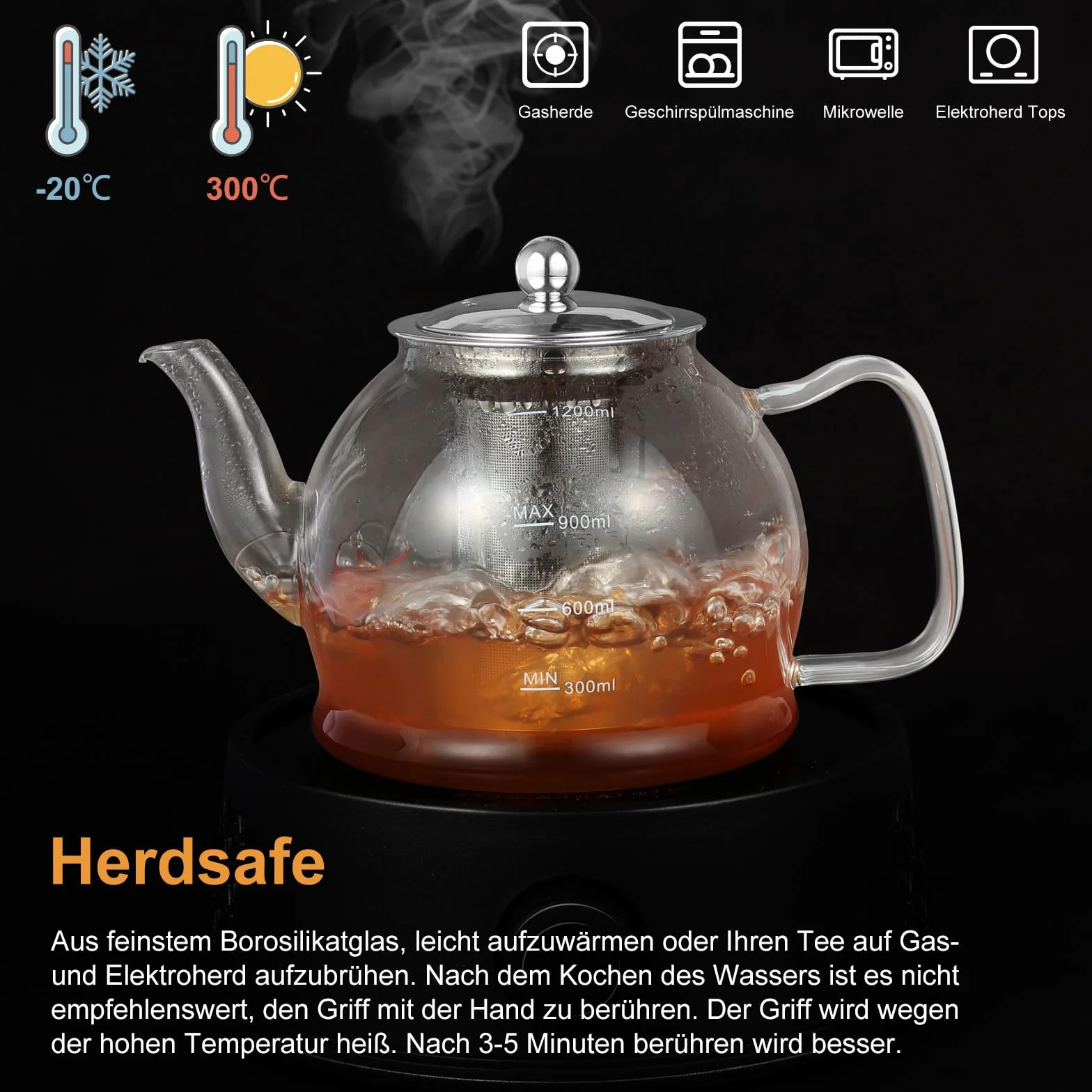Zestaw szklanek do herbaty, 1200 ml, serwis do herbaty, 4 szklanki, szkło borokrzemowe, dzbanek do herbaty z sitkiem, zestaw do herbaty na luźne liście, dzbanek do herbaty
