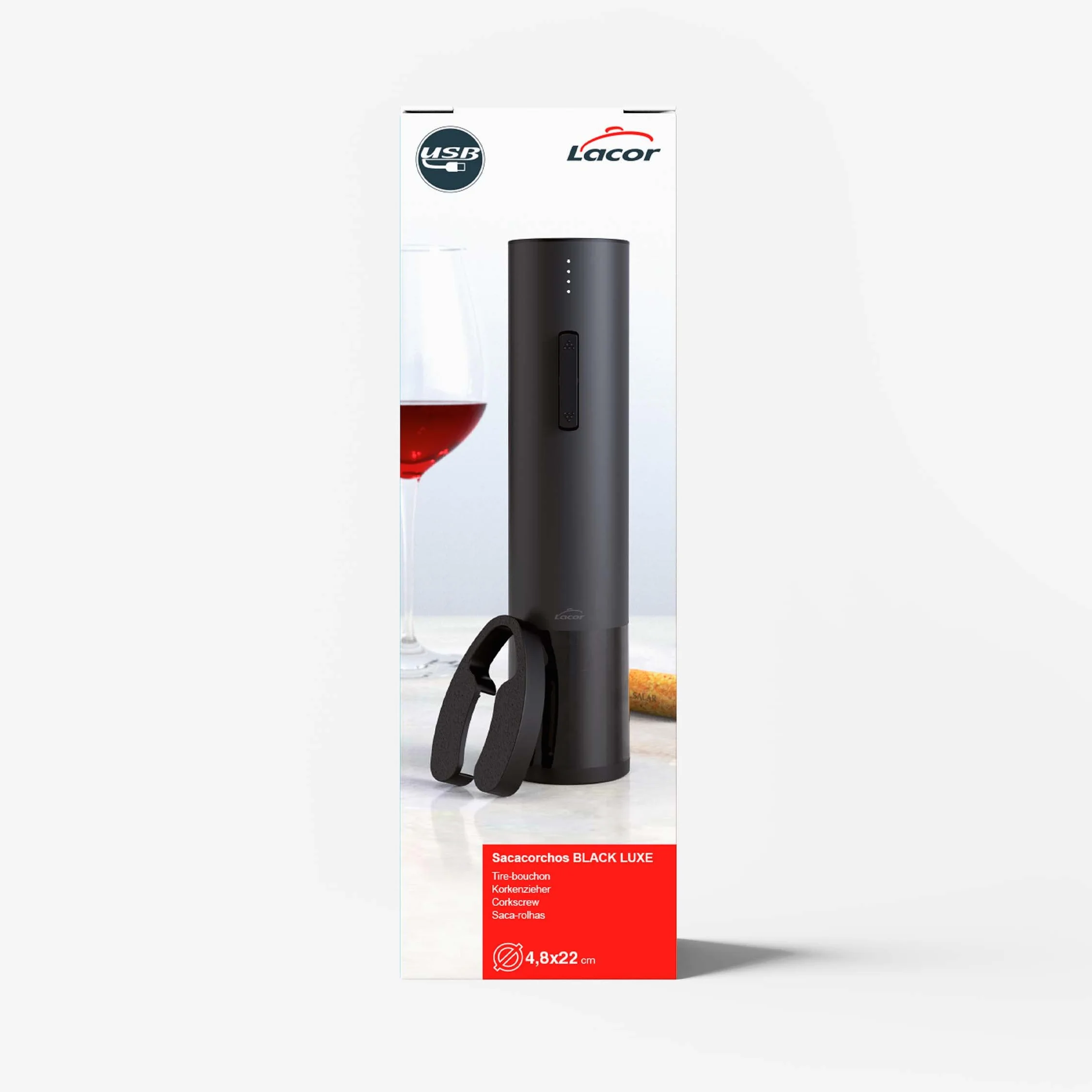 Lacor 63056 - Korkociąg Elektryczny Black Luxe ze Stali Nierdzewnej, Automatyczny Otwieracz do Wina, Elegancki i Ergonomiczny Design, Oświetlenie i Wskaźnik Led, 4,8 X 22 Cm, Czarny Matowy