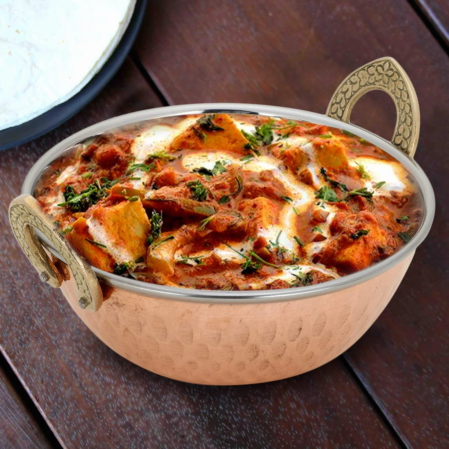 Zap Impex Indyjskie naczynie do serwowania miedziane młotkowane karahi ze stali nierdzewnej do serwowania indyjskich naczyń z curry 2-częściowy zestaw, średnica 13 cm