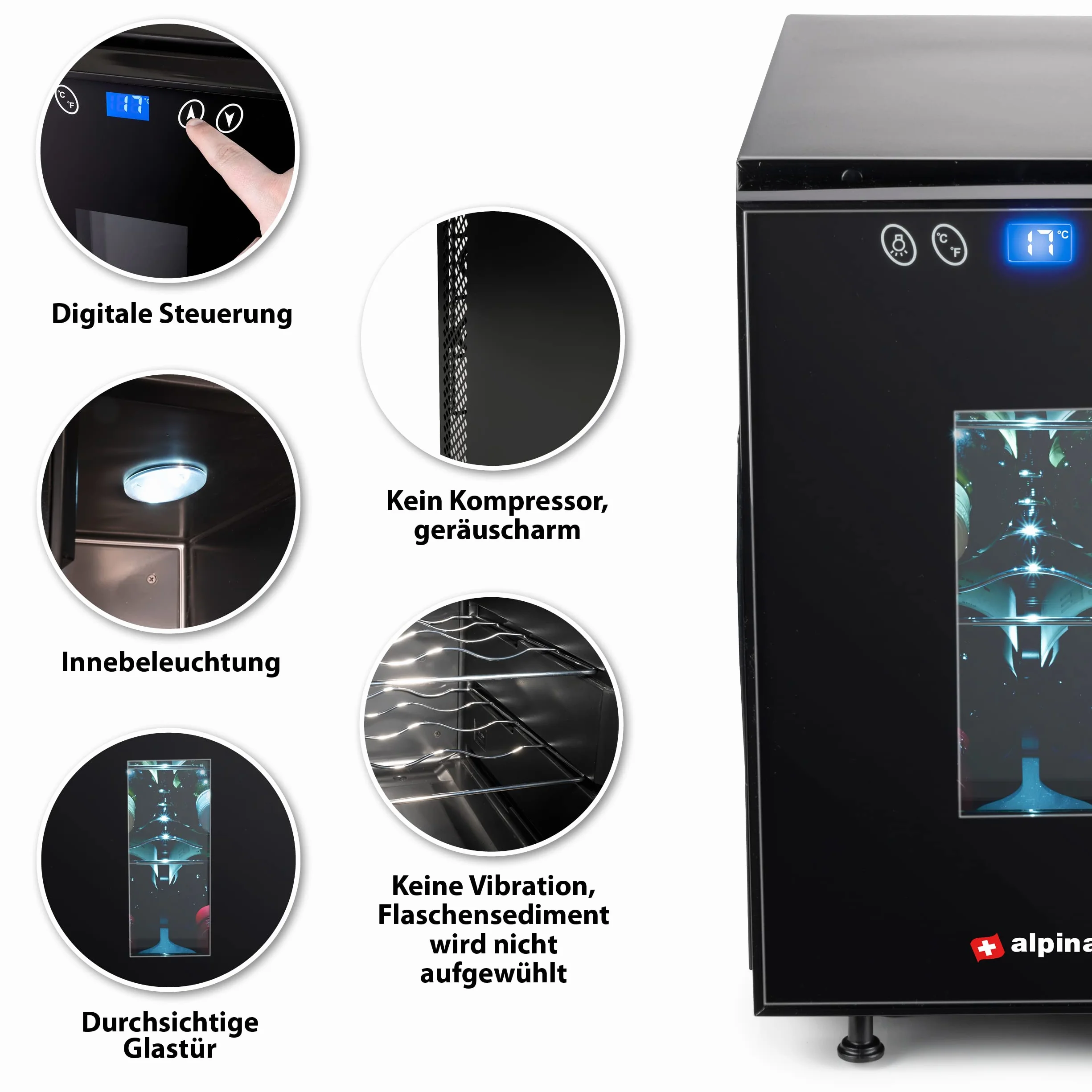 alpina Chłodziarka na wino 18 l – chłodziarka do wina na 6 butelek – chłodziarka do butelek 230 V – regulacja temperatury od 11°C do 18°C – szklane drzwi i oświetlenie wewnętrzne – cicha praca –