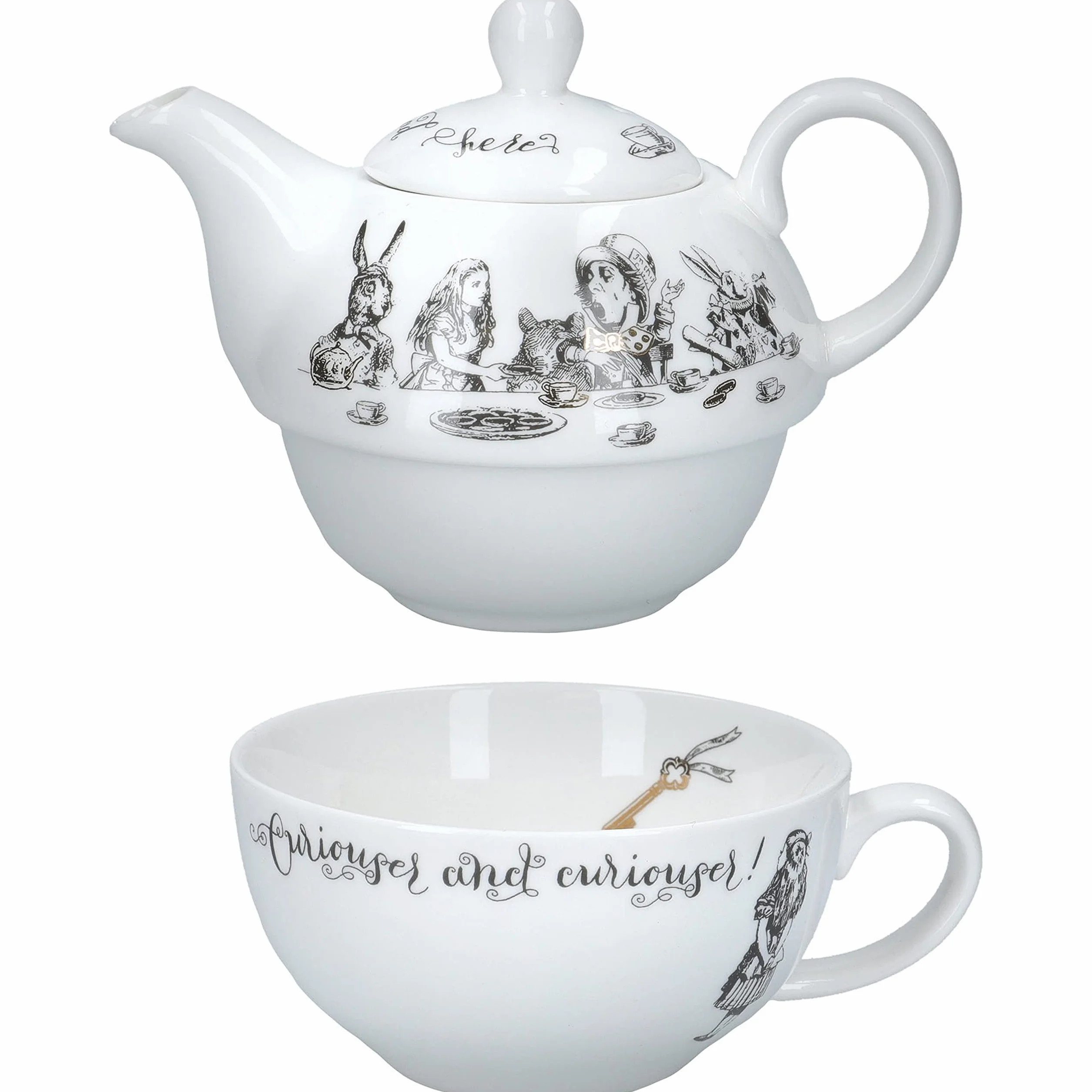 V&A Aiicja w Krainie Czarów, Zestaw Dzbanka i Filiżanki do Herbaty, dla Jednej Osoby, w Opakowaniu Prezentowym, Chińska Porcelana, Pojemność: 250 ml - Kolor Biały