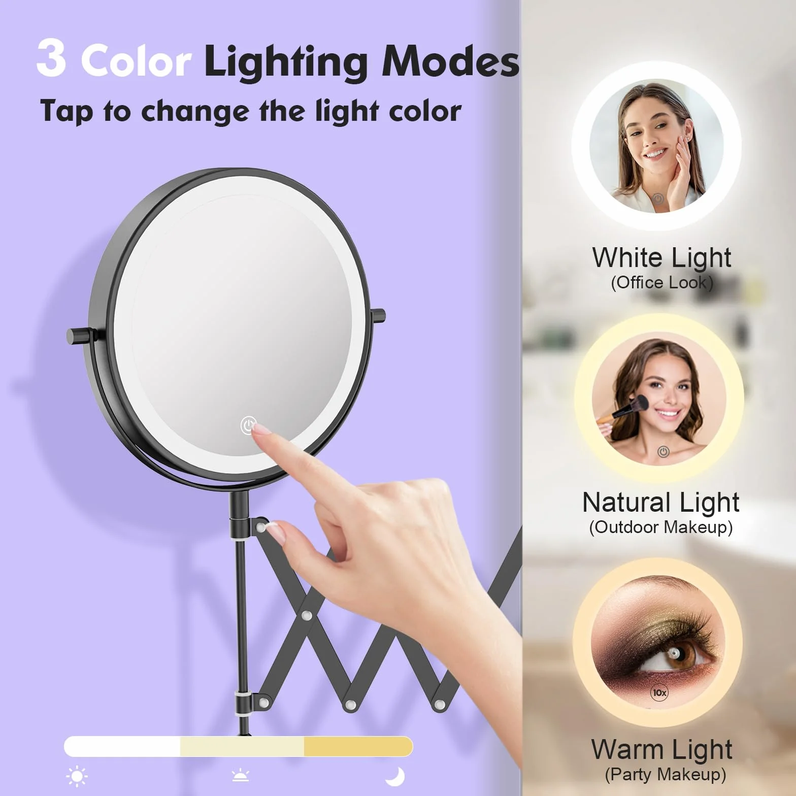 FUNTOUCH Lusterko kosmetyczne z możliwością ponownego ładowania, powiększenie 1X / 10x, 3 kolory oświetlenia, przedłużone ramię, lusterko do makijażu, obracane o 360°, lustro ścienne do łazienki i