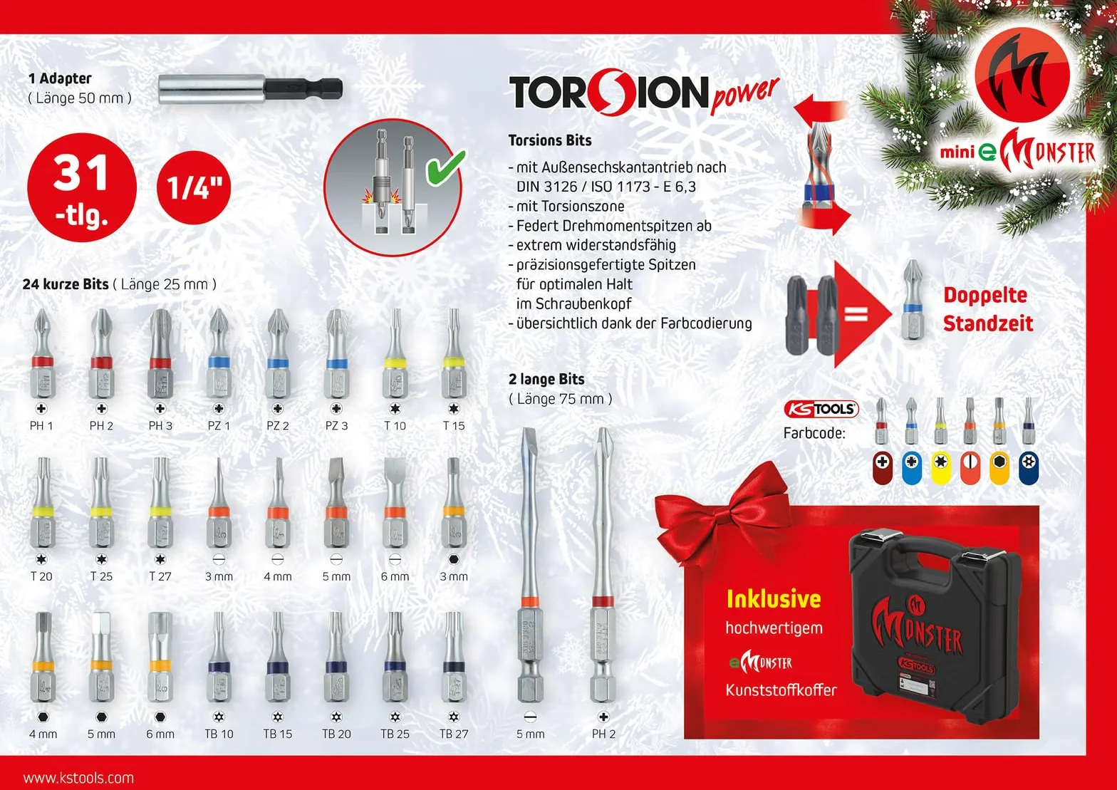 KS Tools 515.6699 kalendarz adwentowy z mini eMONSTER zestaw wkrętarek akumulatorowych 31-częściowy