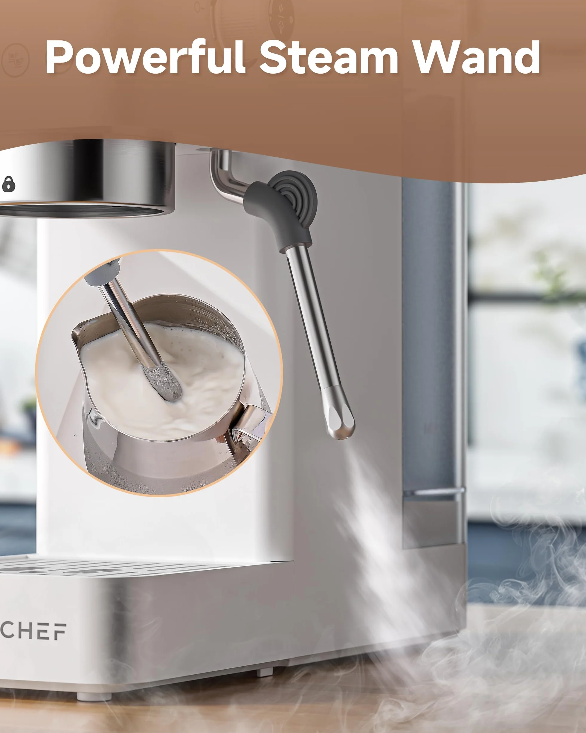 AMZCHEF Ekspres do kawy z sitkiem, 20 bar, ekspres do espresso z profesjonalnym spieniaczem do mleka, mały ekspres do kawy do cappuccino, latte i macchiato, zbiornik na wodę 1,5 l, biały