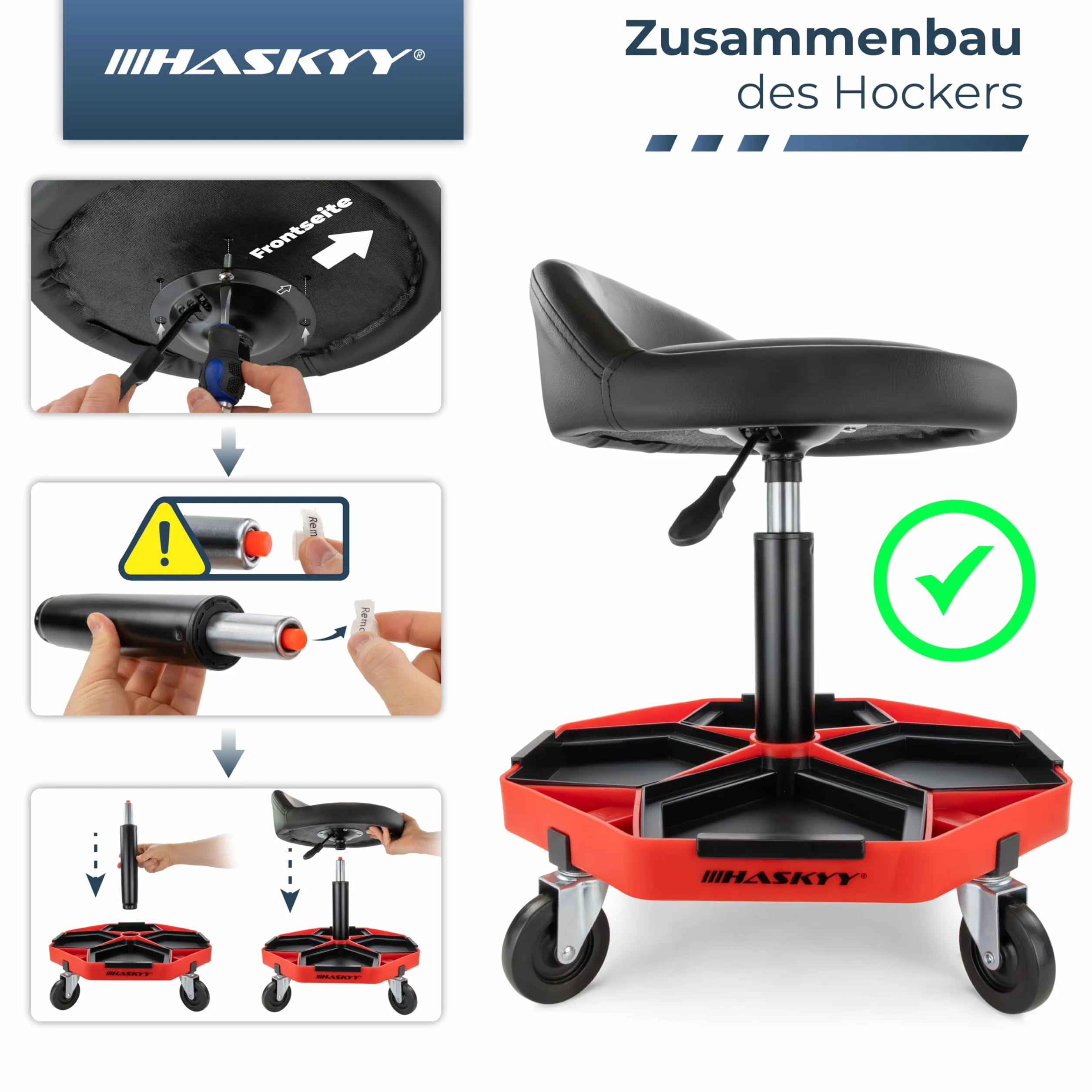 HASKYY Taboret warsztatowy z oparciem | regulacja wysokości 43-58 cm | taboret na kółkach do 150 kg | siedzisko warsztatowe z półkami | taboret do gabinetu i warsztatu z kółkami 360°