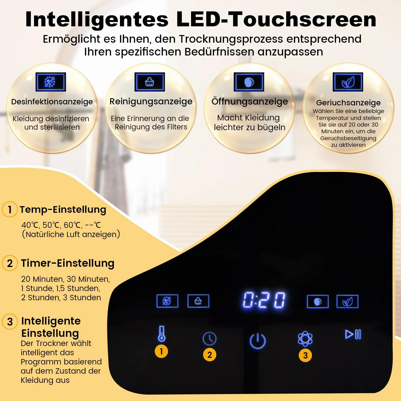 GOPLUS Suszarka do prania, mini suszarka na pranie 800 W, 5 kg, z ekranem dotykowym LED, timer, ochrona przed przegrzaniem i wielokrotną filtracją, do 65°C, wolnostojąca lub do montażu na ścianie