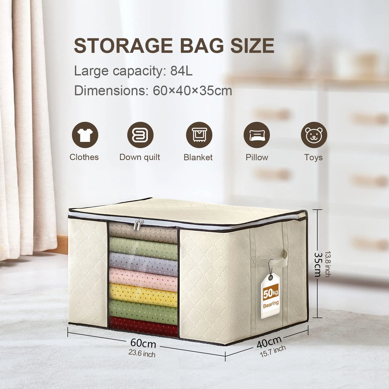 GoMaihe 4 Pack 85L Pudełka do przechowywania o dużej pojemności, składane pojemniki do szafek oszczędzające miejsce, ze wzmocnionym uchwytem Organizer do szafy, pudełka do przechowywania ubrań, kołder, pościeli beżowy