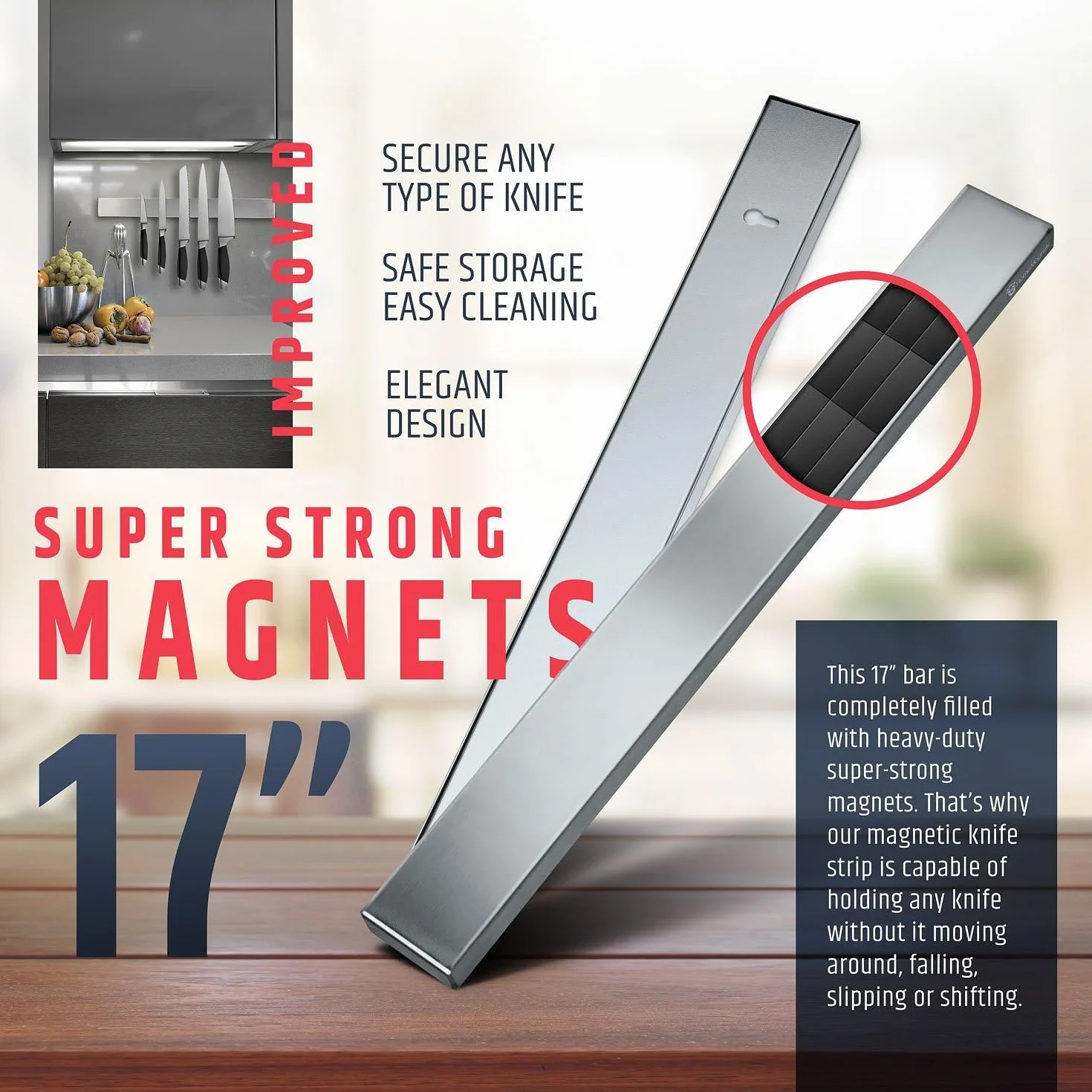 Wysokiej jakości magnetyczny uchwyt na noże ze stali nierdzewnej 43 cm na ścianę, profesjonalny magnetyczny pasek na noże – oszczędność miejsca stojak na noże / drążek na noże o dużej sile