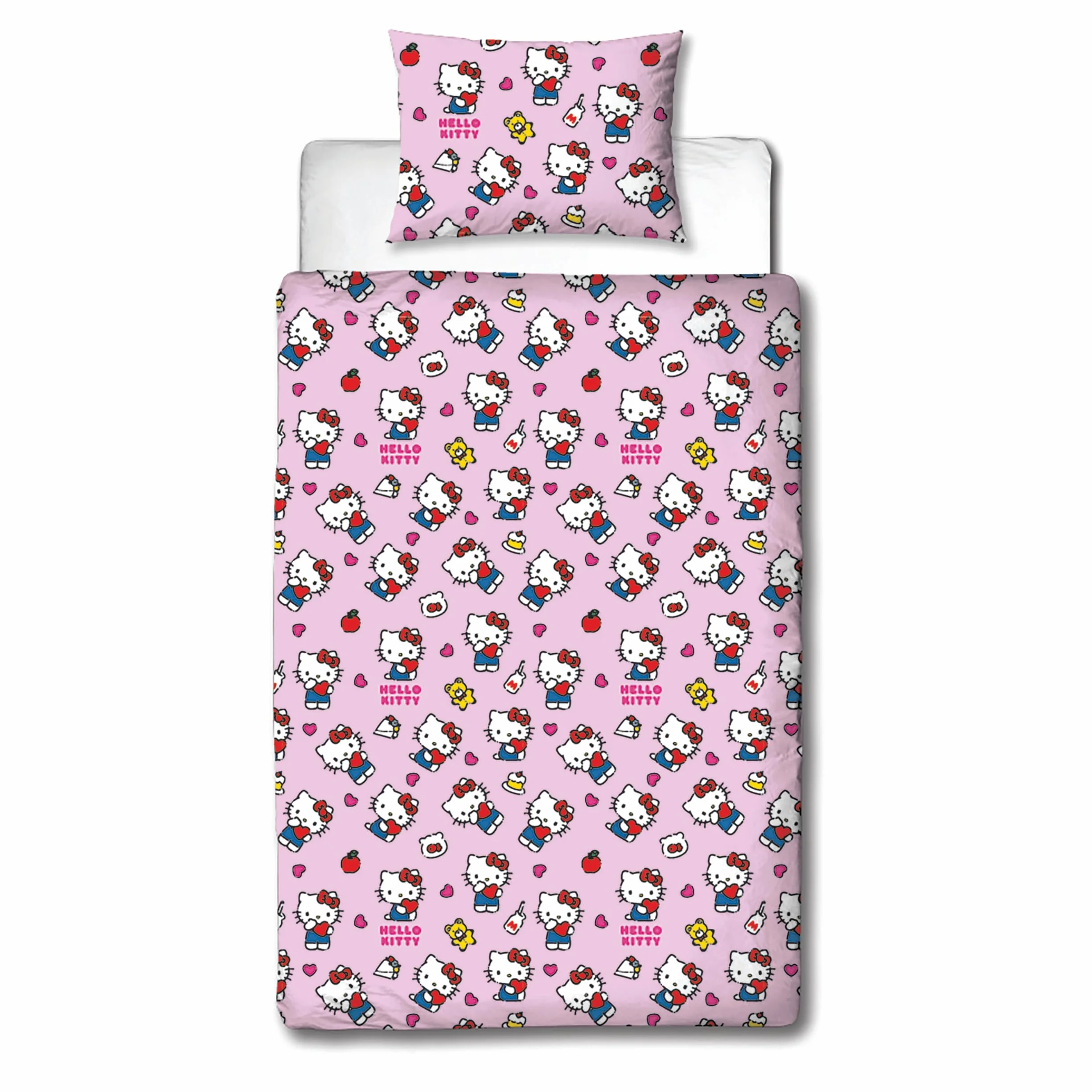 Hello Kitty oficjalnie licencjonowany zestaw poszewek na kołdrę Hello Design, dwustronna dwustronna pościel dla kota z pasującą poszewką na poduszkę, idealna do sypialni dziecięcej, bawełna
