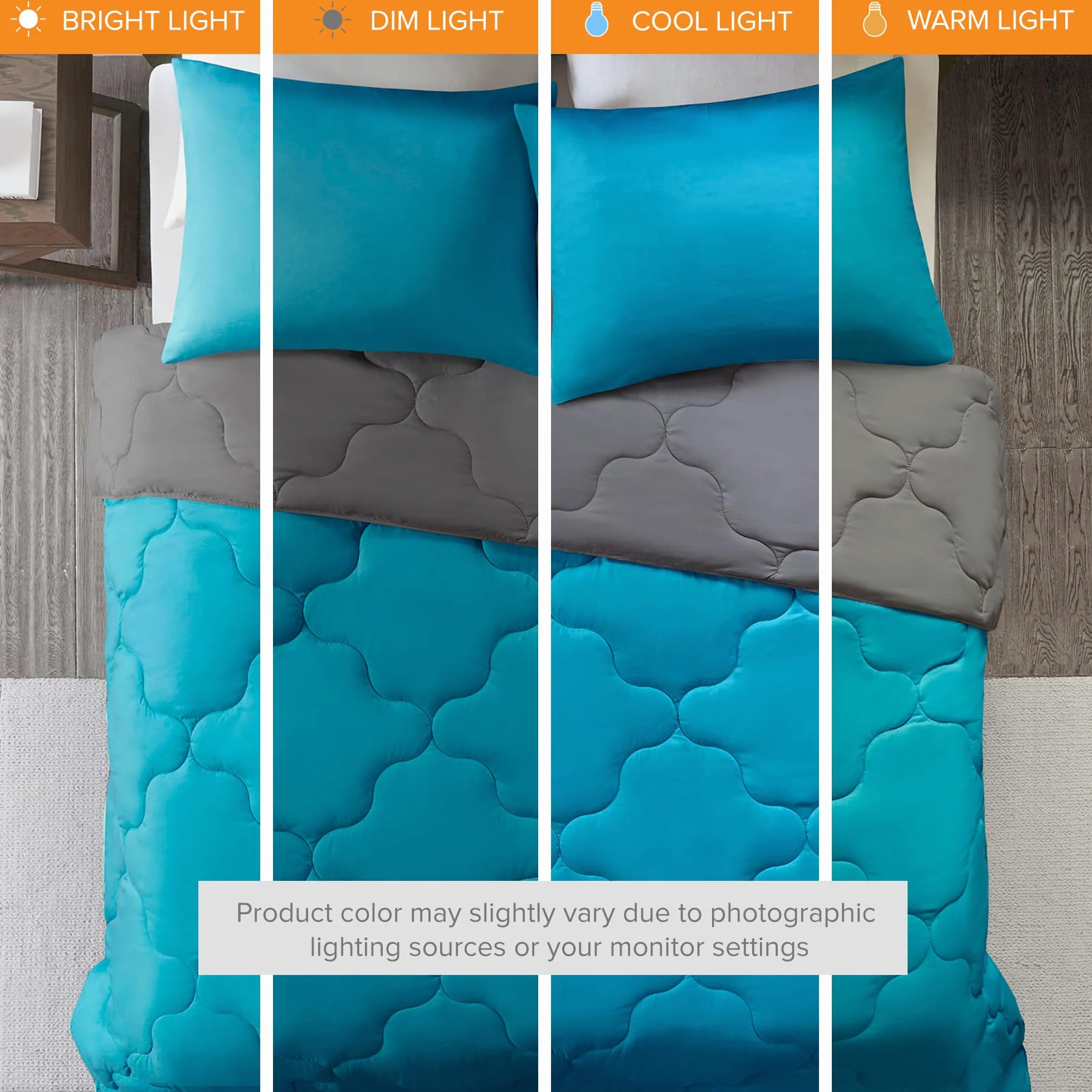Comfort Spaces Vixie Reversible Comforter Set - Trendy Casual Geometric Quilted Cover, All Season Down Alternative Cozy Bedding, Matching Sham, Teal/Charcoal, Full/Queen 3 piece