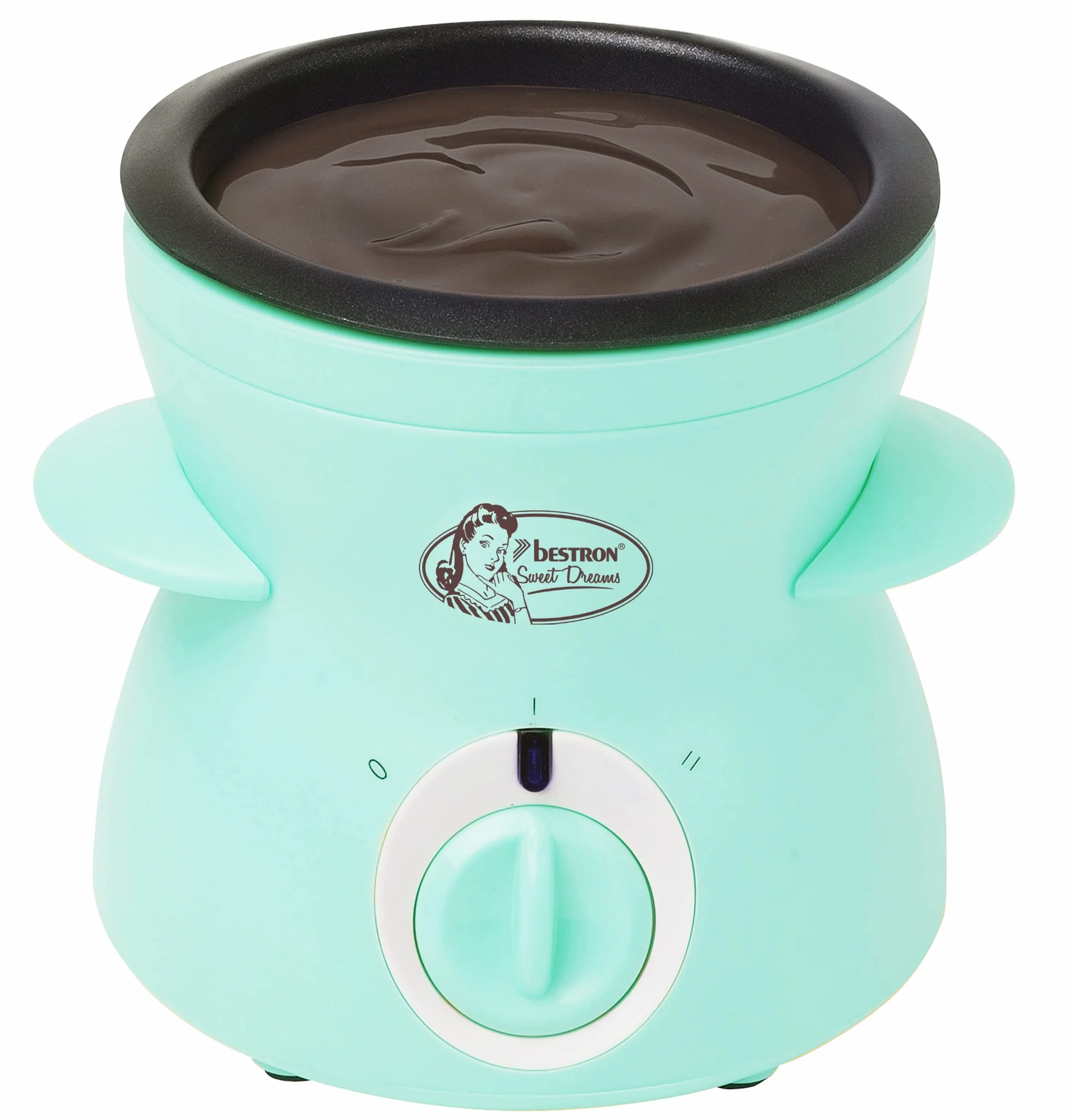 Bestron Czekoladowe fondue dla 2 osób, mini zestaw do fondue czekoladowego, w zestawie: 10 szpikulców, 10 widelców i 1 x szpachelka, 25 W, kolor: miętowy