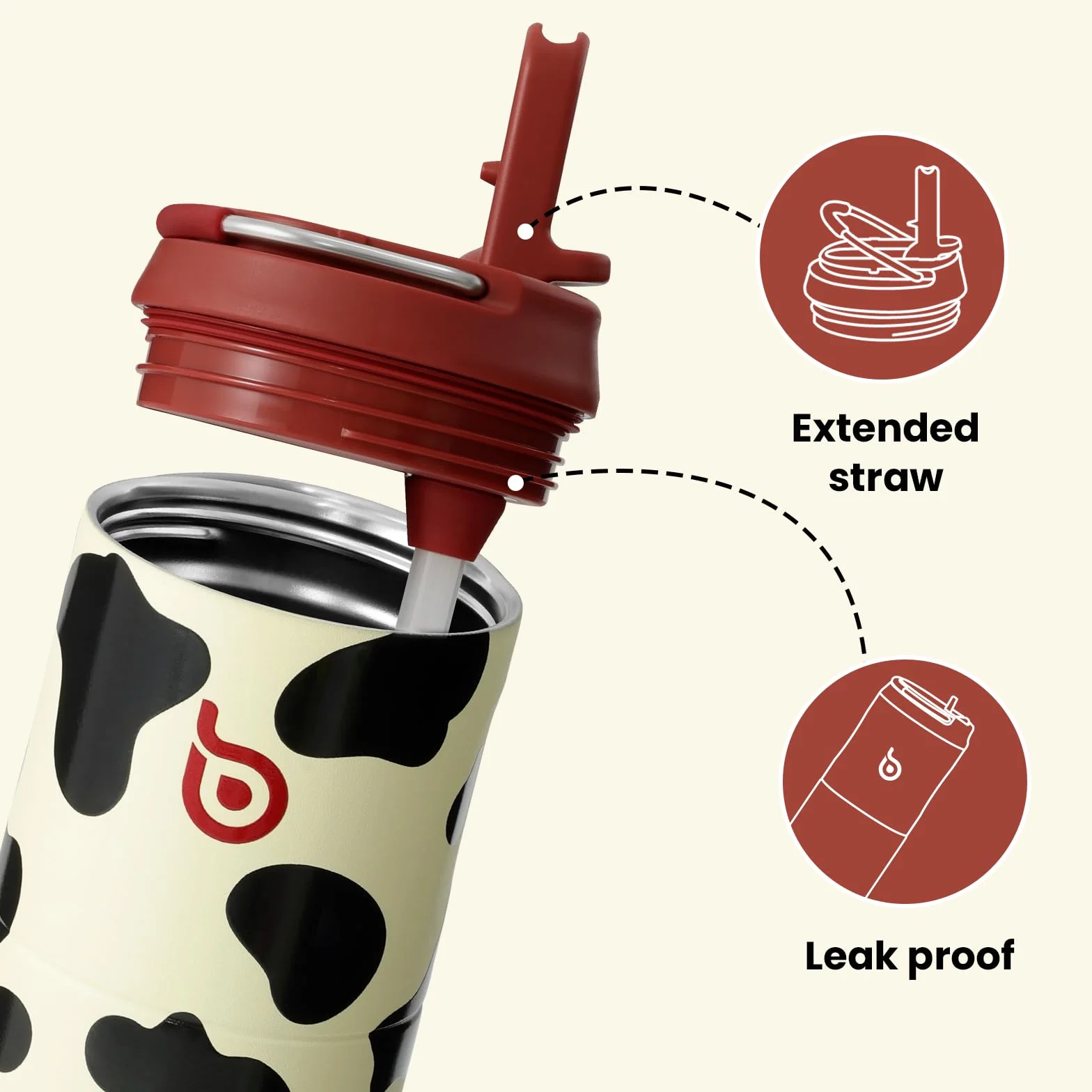 BOTTLE BOTTLE Butelka termiczna 750 ml ze stali nierdzewnej ze słomką i zakrętką – szczelna, bez BPA – do szkoły, podróży i fitnessu (wzór w krowie łaty)