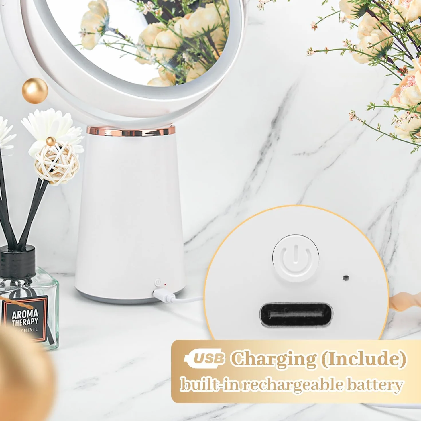 Auxmir Lusterko do makijażu ze światłami, dwustronne lusterko powiększające 10 x 1 x 2500 mAh, ładowane przez USB, z 52 diodami LED i 10 jasnością, obrotowe o 360°, do sypialni, łazienki