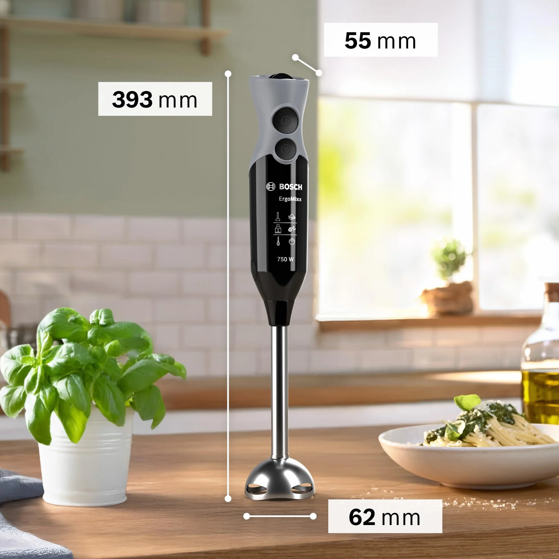 Bosch, blender ręczny, ErgoMixx, silnik 750 W, 12 prędkości i funkcja turbo, rozdrabniacz, trzepaczka i pojemnik, czarny, MSM67160