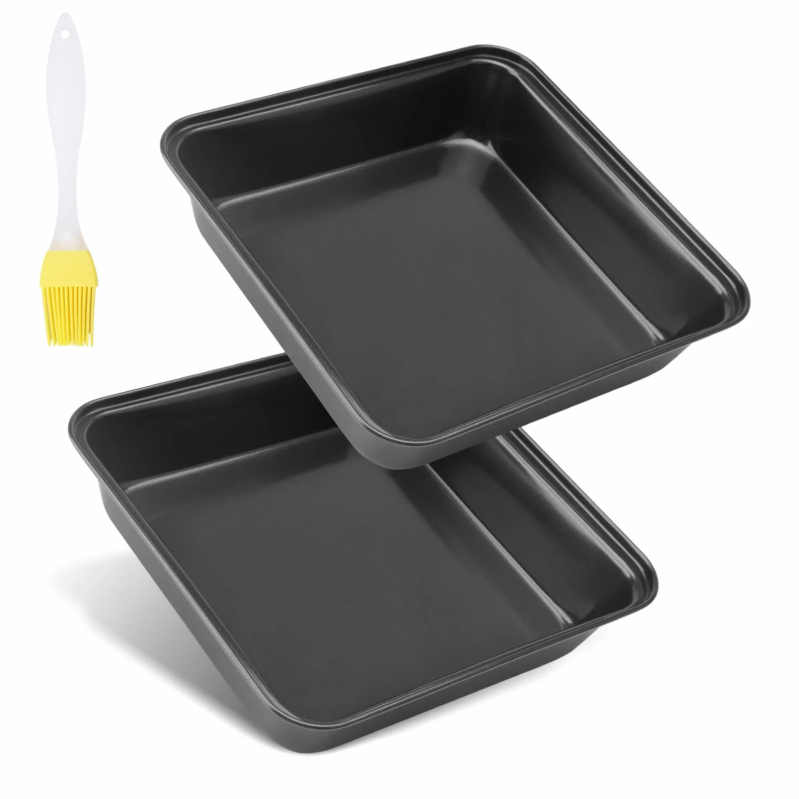 APOMOONS 2 sztuki blach do pieczenia ciast, stal nierdzewna, z powłoką zapobiegającą przywieraniu, kwadratowa forma do ciasta, lasagne, z żółtym pędzlem do oleju, łatwa do czyszczenia, 22 x 22 x 5,5