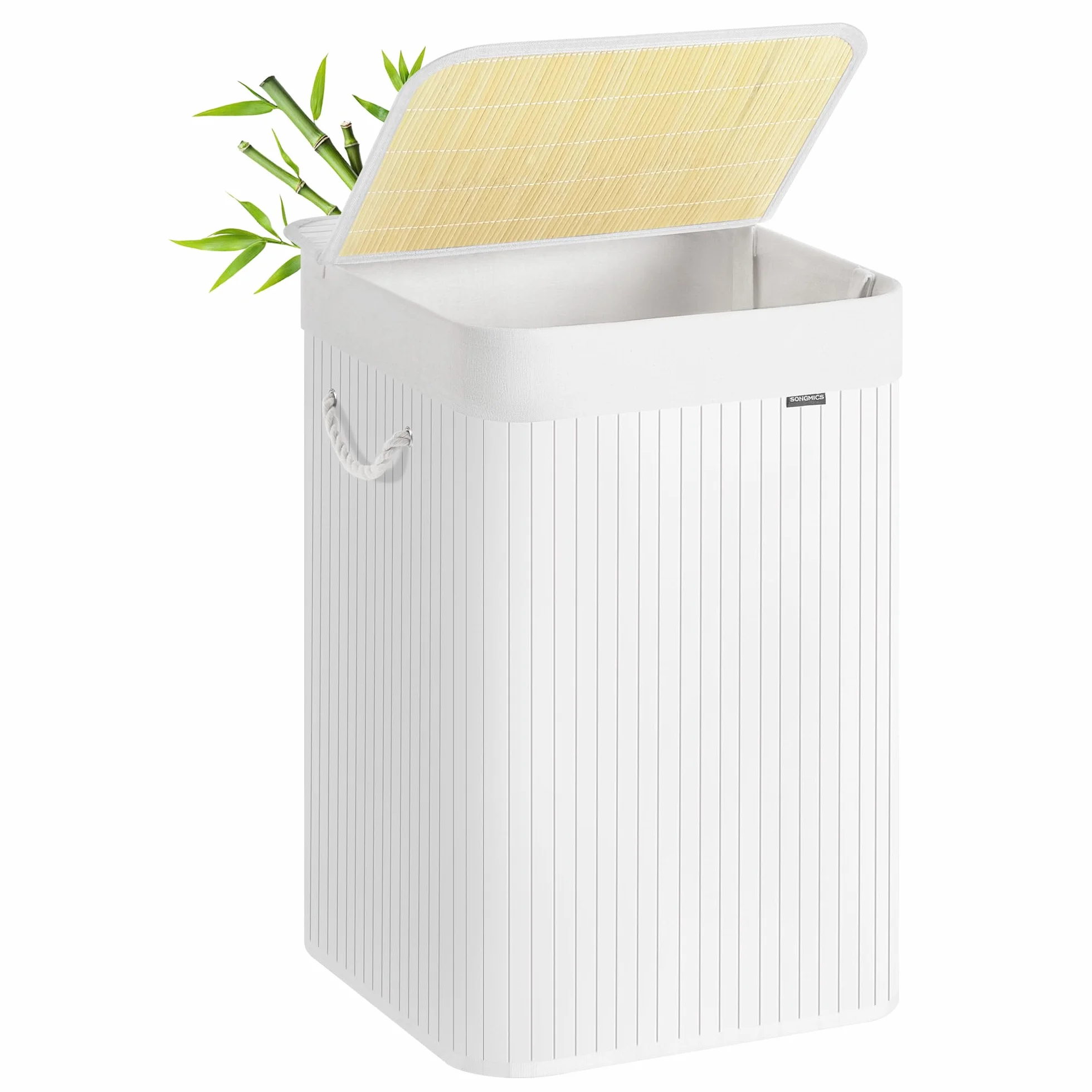SONGMICS Kosz na bieliznę 95 l, kosz na brudną bieliznę, pokrywa, bambusowy, uchwyty, składany, zdejmowany worek nadający się do prania w pralce, do sypialni, biały LCB060W01