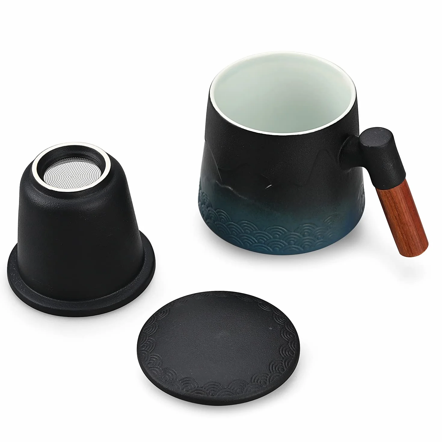 Filiżanka z zaparzaczem i pokrywką, kubek do herbaty stopniowej z zaparzaczem i drewnianym uchwytem, ceramiczny kubek do kawy z pokrywką herbata 430 ml / 15 uncji (gradient niebieski)