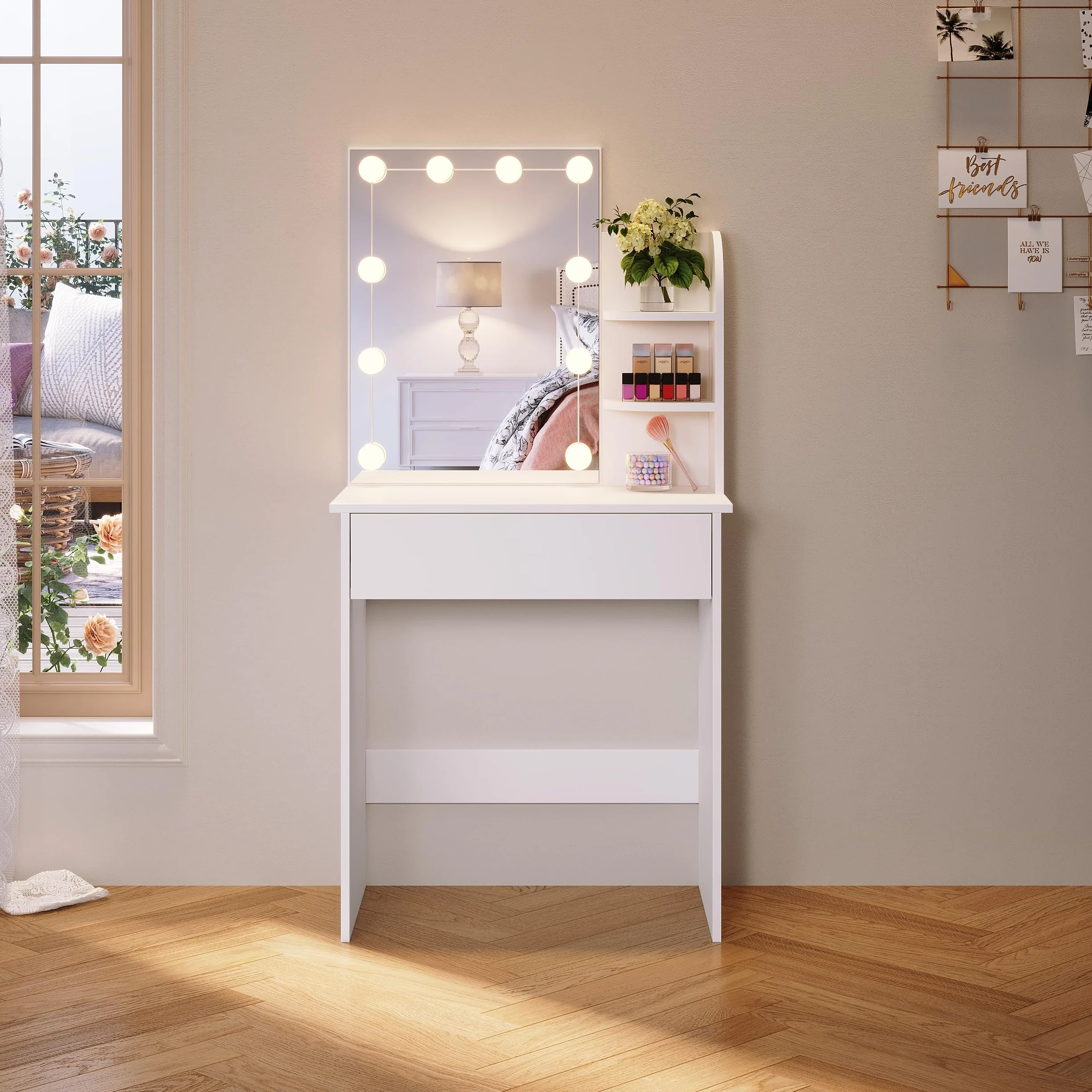 SONNI Toaletka, toaletka z lustrem, oświetlenie LED, szuflady, 3 otwarte półki, 3 tryby świecenia, 10 poziomów jasności, toaletka, stolik do makijażu, do sypialni, biała, 70 x 40 x 140 cm.