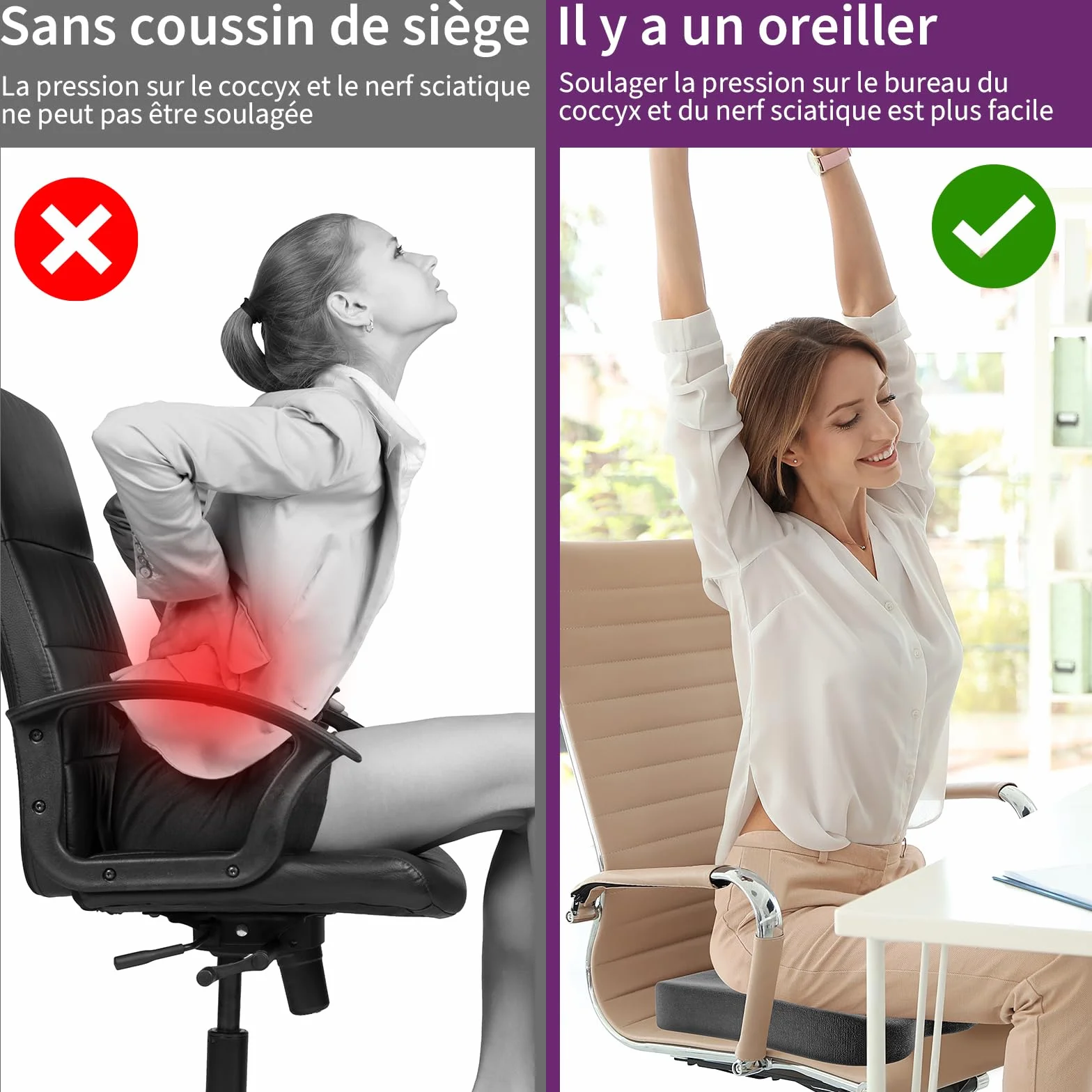 Radikor Poduszka na krzesło biurowe, ortopedyczna poduszka do kości ogonowej, ergonomiczna poduszka kulszowa, wykonana z pianki pamięciowej, z antypoślizgową podstawą, łagodzi kość ogonową, czarna