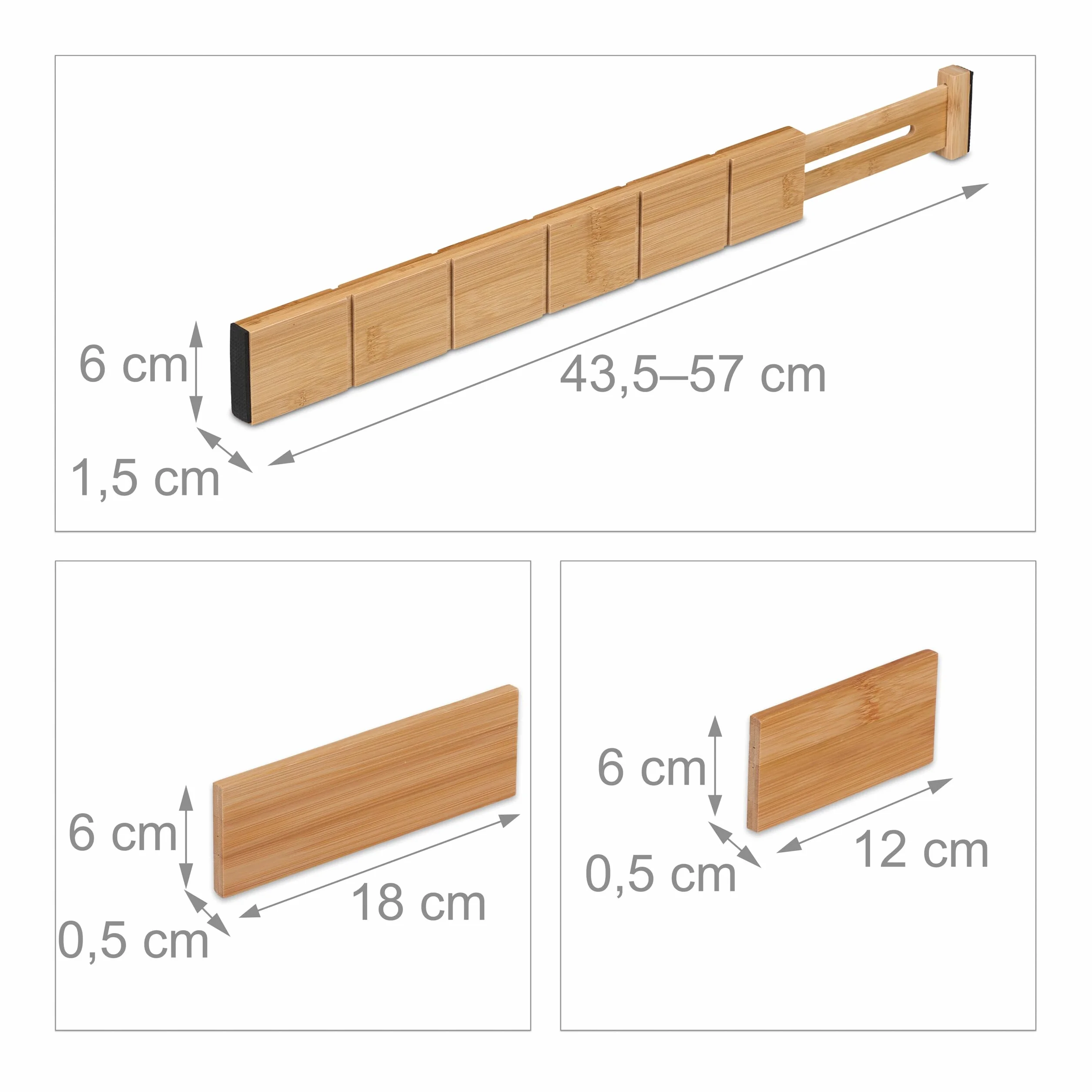 Relaxdays Separator do szuflad, 18-częściowy zestaw, regulowana długość od 43,5 do 57 cm, bambus, rozdzielacz szuflad kuchnia, naturalny