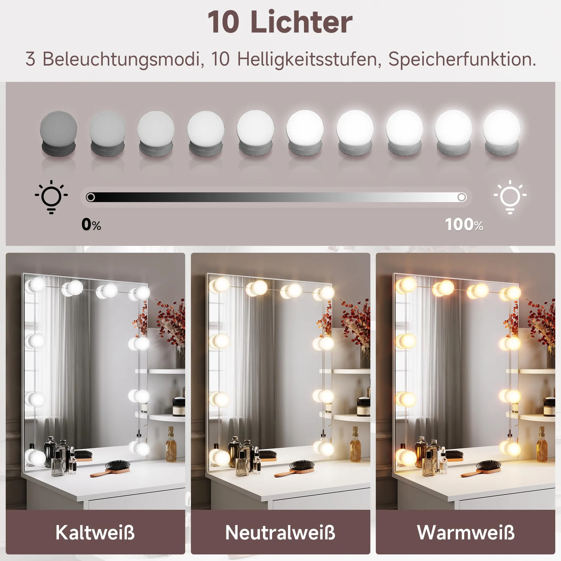 SONNI Toaletka, toaletka z lustrem, oświetlenie LED, szuflady, 3 otwarte półki, 3 tryby świecenia, 10 poziomów jasności, toaletka, stolik do makijażu, do sypialni, biała, 70 x 40 x 140 cm.