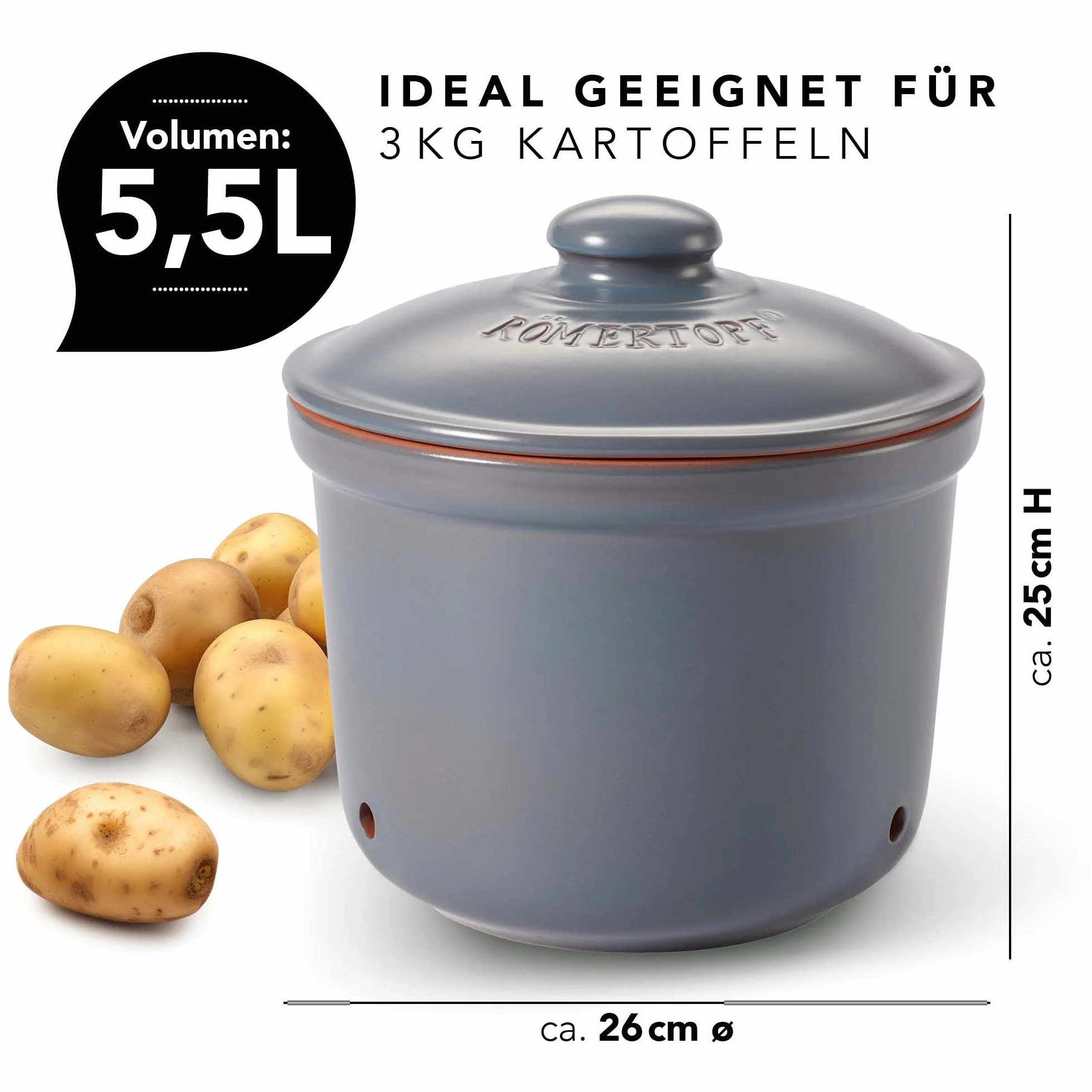 Römertopf pojemnik na zapasy Maxi plus świeży garnek z naturalnej gliny zapewnia długi okres przydatności do spożycia żywności, takiej jak np. ziemniaki, Ø 26,0 cm, niebiesko-szary
