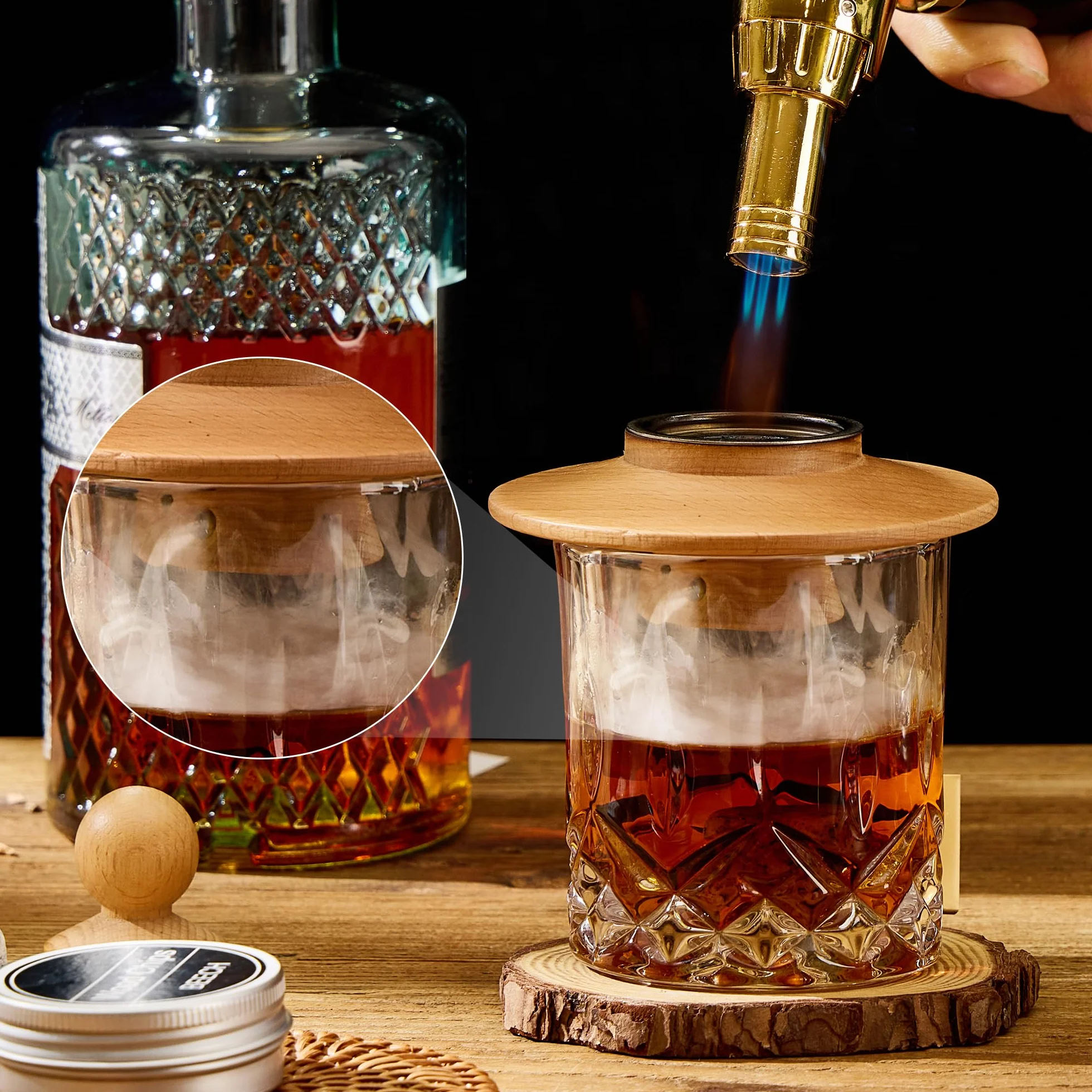 Zestaw wędzarniczy do koktajli – zestaw do wędzenia whisky z 6 rodzajami drewna i latarką – generator dymu do koktajli i whisky – bez butanu (sprzedawany oddzielnie)