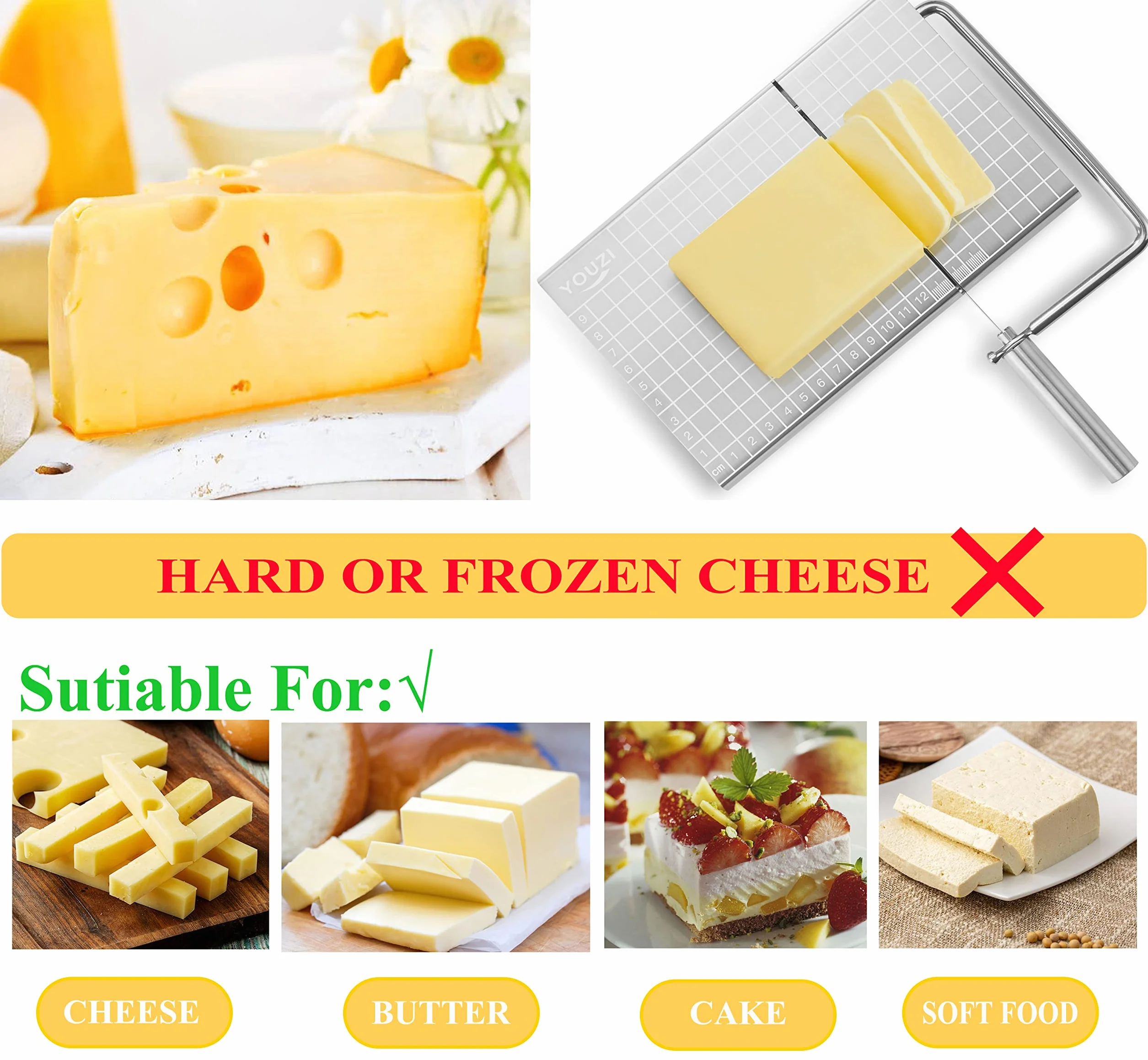 Cheese Slicer & Cheese Cutter | Stainless Steel cheese slicer with 10 Replacement-wires | Cheese Cutter for Block Cheese Metal Cheese Slicer Cutting Board Kitchen Gadgets Gift Set for Cheese Butter