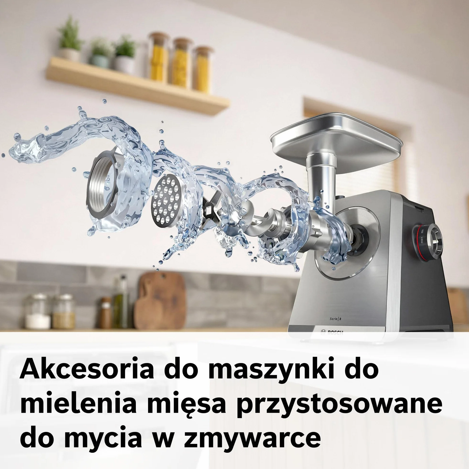 Bosch, MultiPower Serie 8, maszynka do mielenia mięsa, moc blokowania silnika do 2500 W, młynek do mięsa, nasadka do kiełbas i kebbe, czarna, MFWS820M