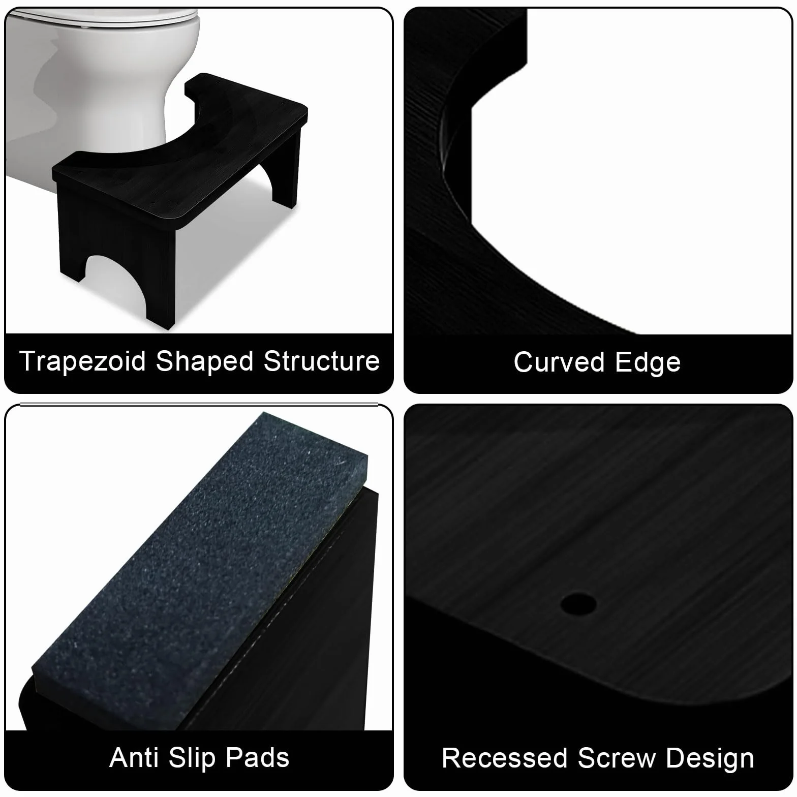 Taboret toaletowy z bambusa, 37 x 20 x 17 cm, antypoślizgowy i ergonomiczny taboret do WC, wspomagający trawienie, nie zajmuje dużo miejsca, taboret toaletowy do toalety i łazienki (czarny)