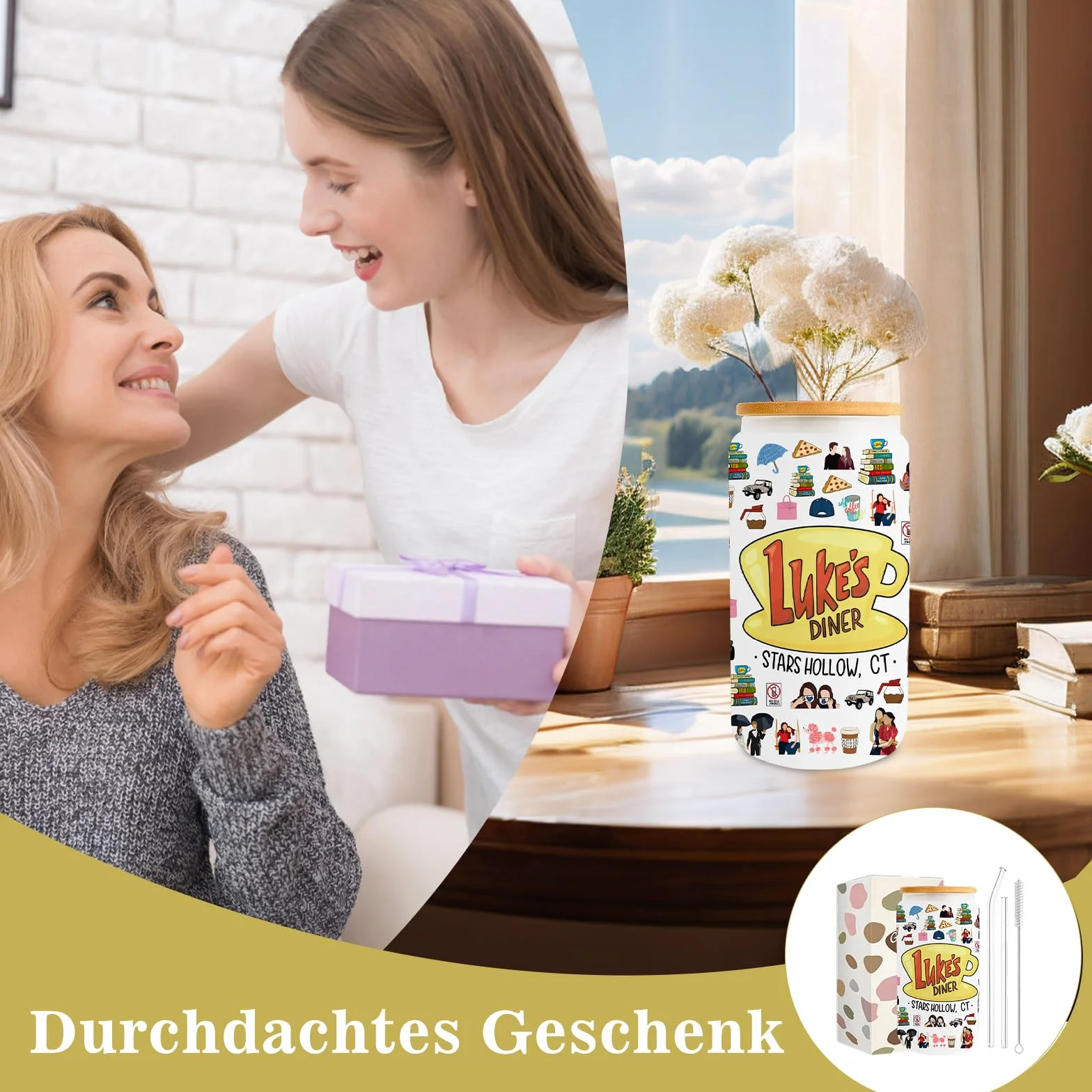 gilmore girls merch szklanka ze słomką i pokrywką, kompletny zestaw i dwustronny nadruk, kubek szklany dla dziewcząt, nastolatków, fanów, na prezent, do kawy, soku, koktajli, 500 ml